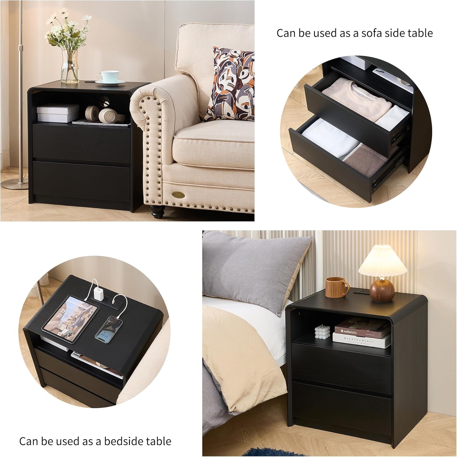 Modern Nightstand for Bedroom,Black Nightstand,2 Storage Drawers Side Table,21.6