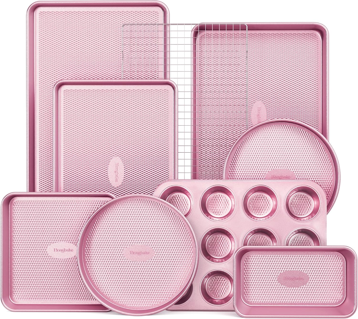 HONGBAKE 9-Piece Baking Pans Set Nonstick, Stackable Non Toxic Bakeware Sets with Diamond Texture, Oven Pan Set for Cooking, Includes Cookie Sheet with Rack, Cake Pan, Roasting Pan, Muffin Tin, Gold