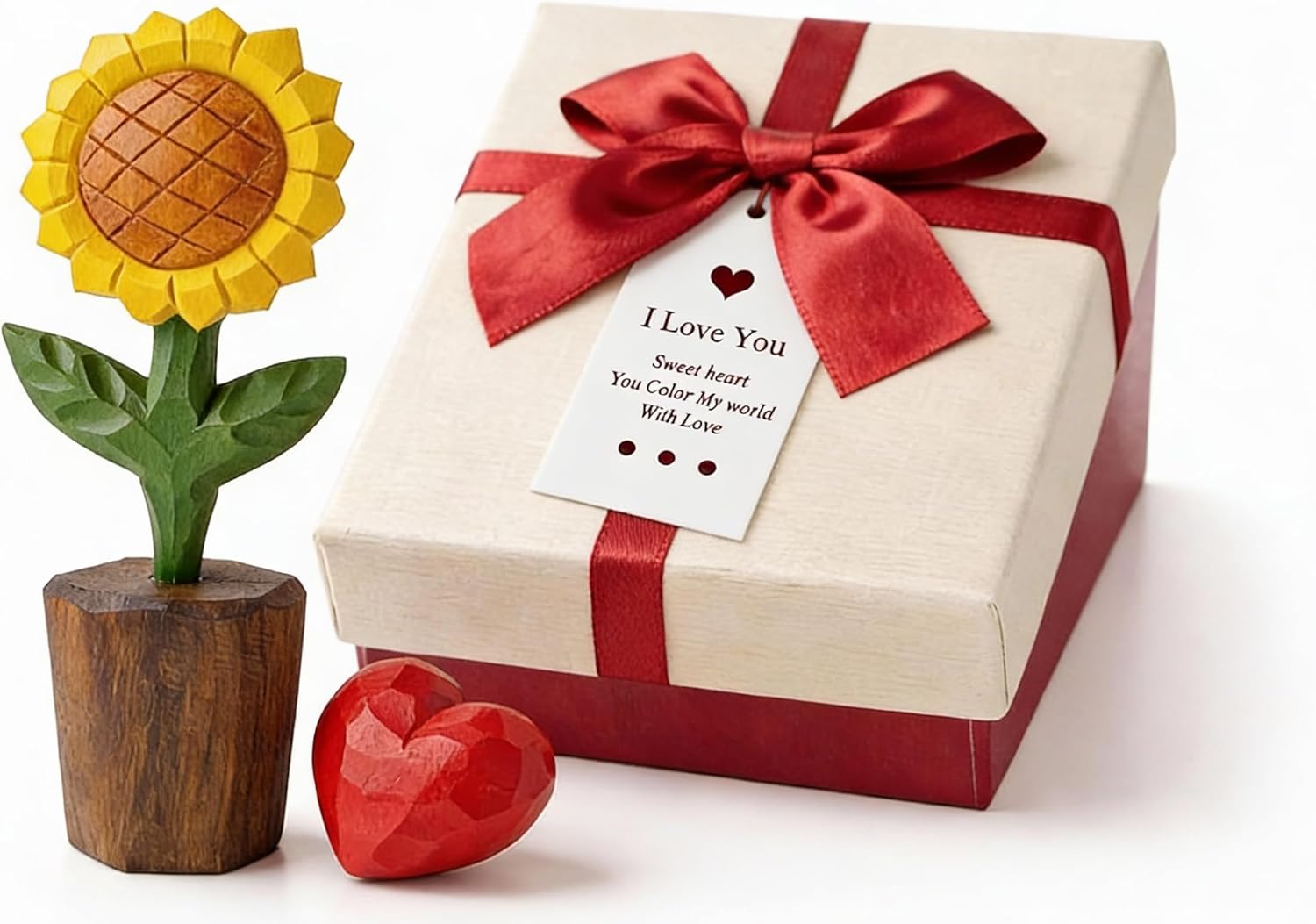 Hand-Carved Wooden Flower with Red Heart - Handcrafted Everlasting Wood Sculpture - 5th Anniversary, Valentine's Day, Birthday Gift for Her - Gift Box Included (Yellow Sunflower)
