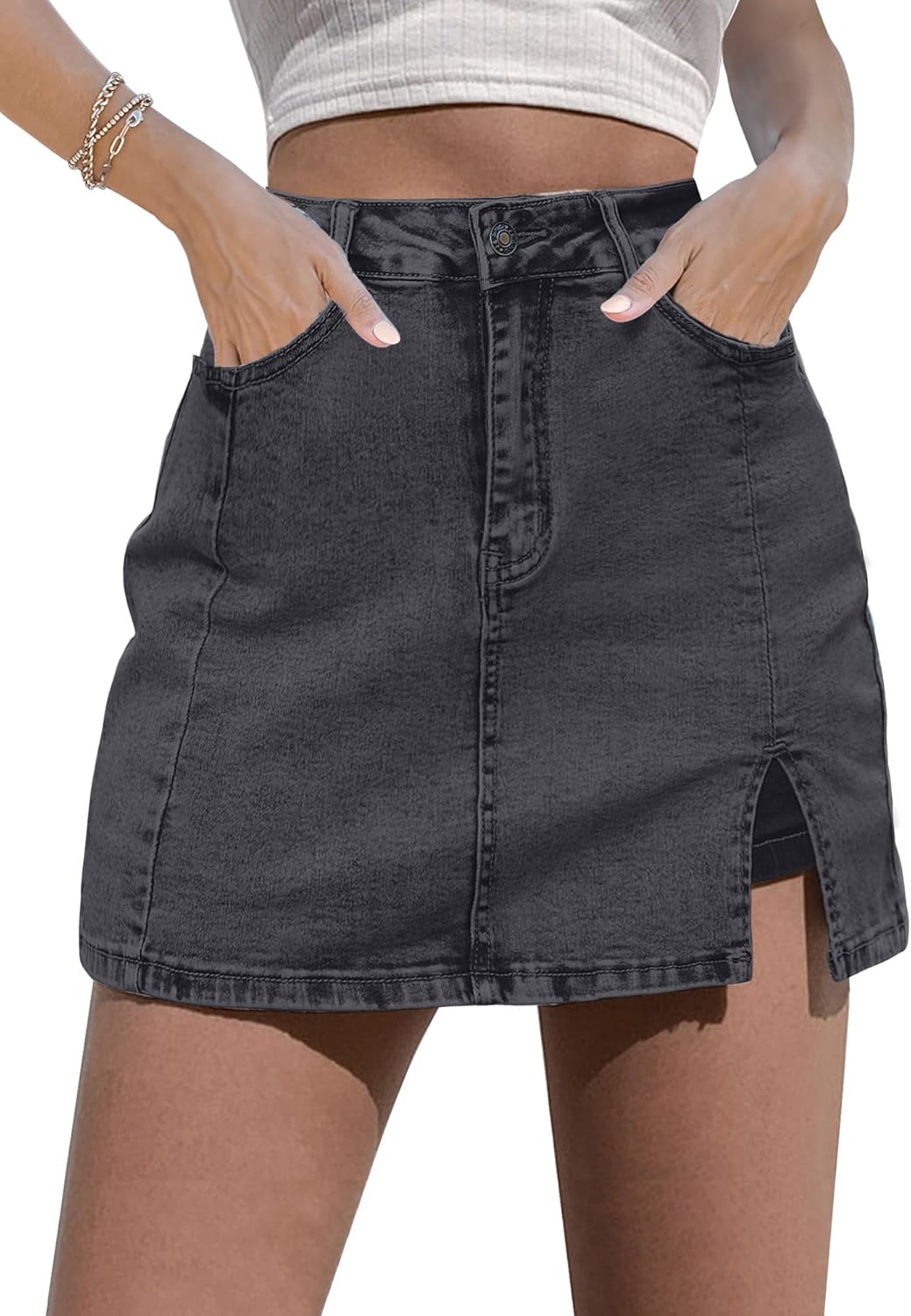 luvamia Skorts Skirts for Women Denim Mini Skirt Side Slit with High Waisted Jean Shorts Stretchy