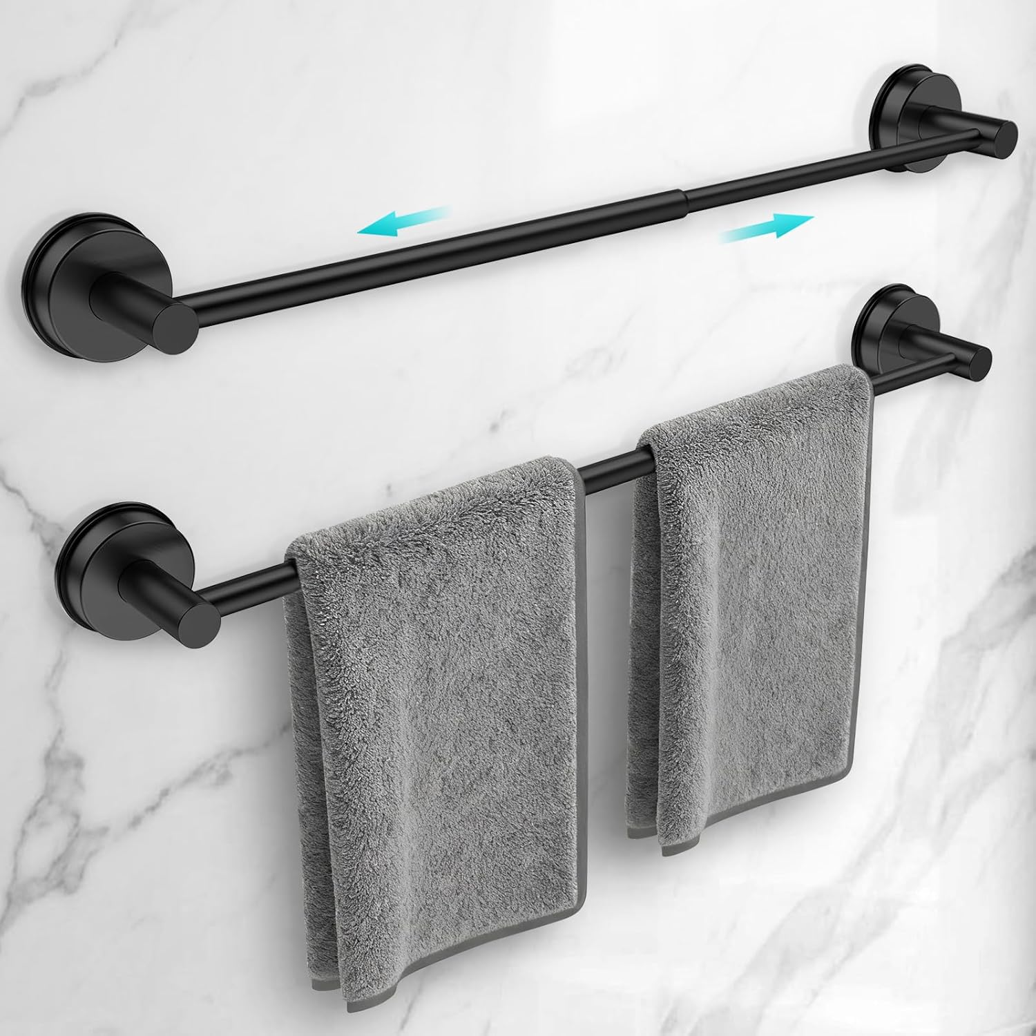 Adjustable Suction Cup Towel Bar for Bathroom Wall,14.6Inch~24 Inch Towel Racks for Bathroom,Stainless Steel Bath Towel Holder for Shower(Matte Black)