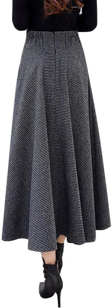 IDEALSANXUN Women’s Fall Winter High Waisted Wool Plaid A-line Long Skirt