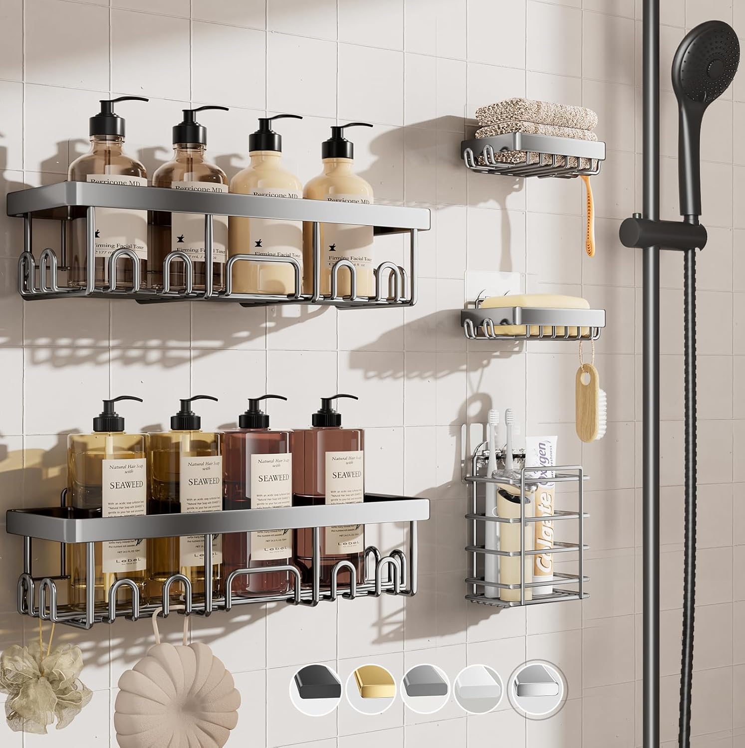 Veken Shower Caddy 6-Pack, Advanced Rustproof Design, No Drilling Adhesive Shelves, Rack with Soap Holder, Large Capacity Bathroom Organizers and Storage, Wall-Mounted Kitchen & Home Decor