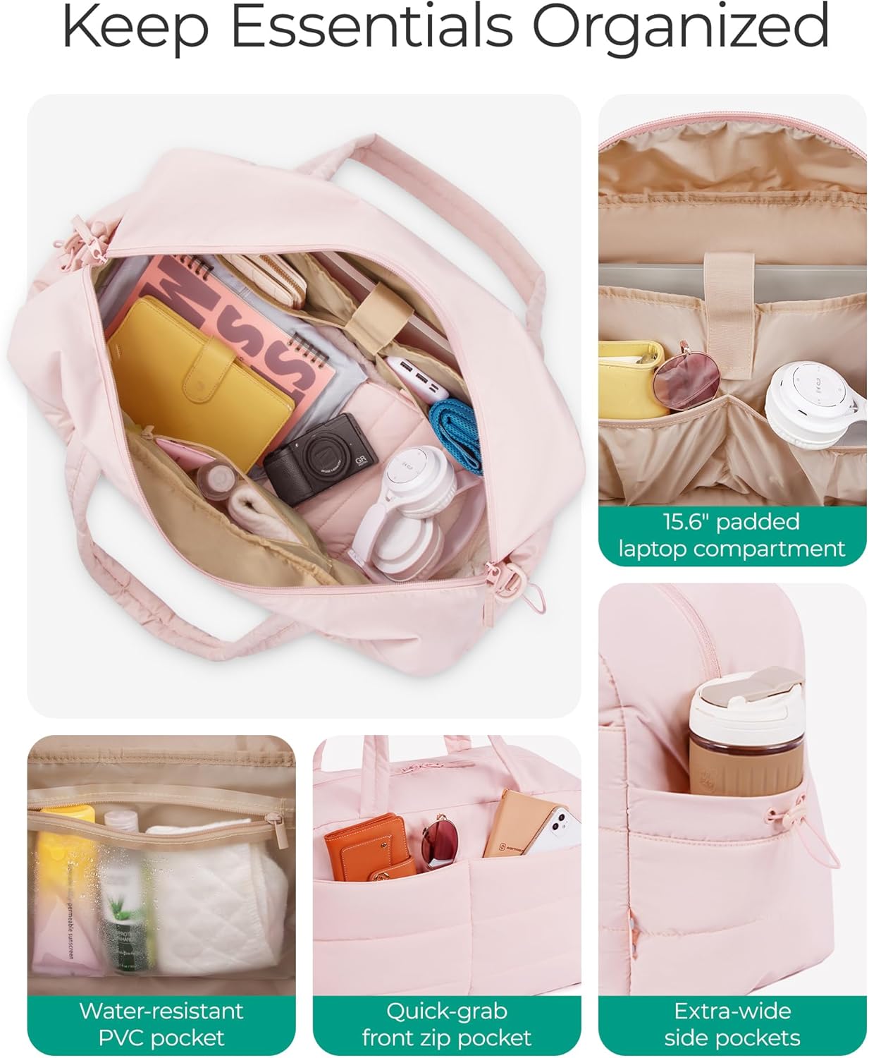 BAGSMART Gym Bag for Women, Lightweight Puffer Duffle Bag 2-PC Travel Bag, 31L Weekender Overnight Bag Quilted Carry On Tote Bag, Diaper Hospital Dance bag for Travel, Gym, Water Resistant, Pink