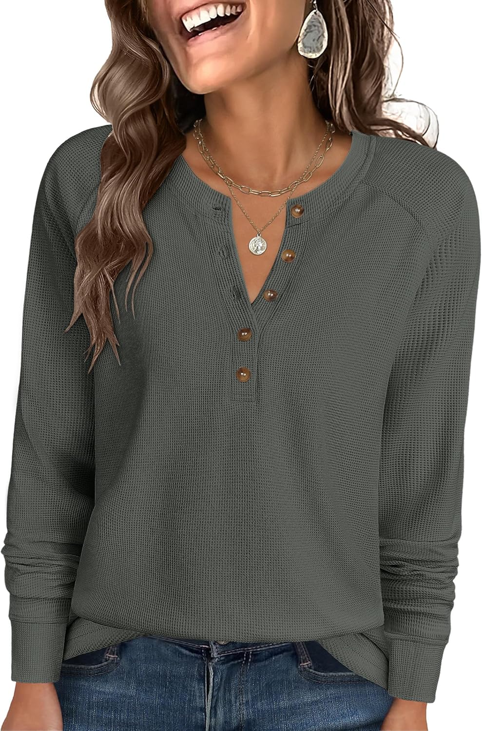ANRABESS Women's Long Sleeve Waffle Knit Shirts Dressy Casual Loose Button Up V Neck Henley Tops 2026 Fall Basic Tee Blouse