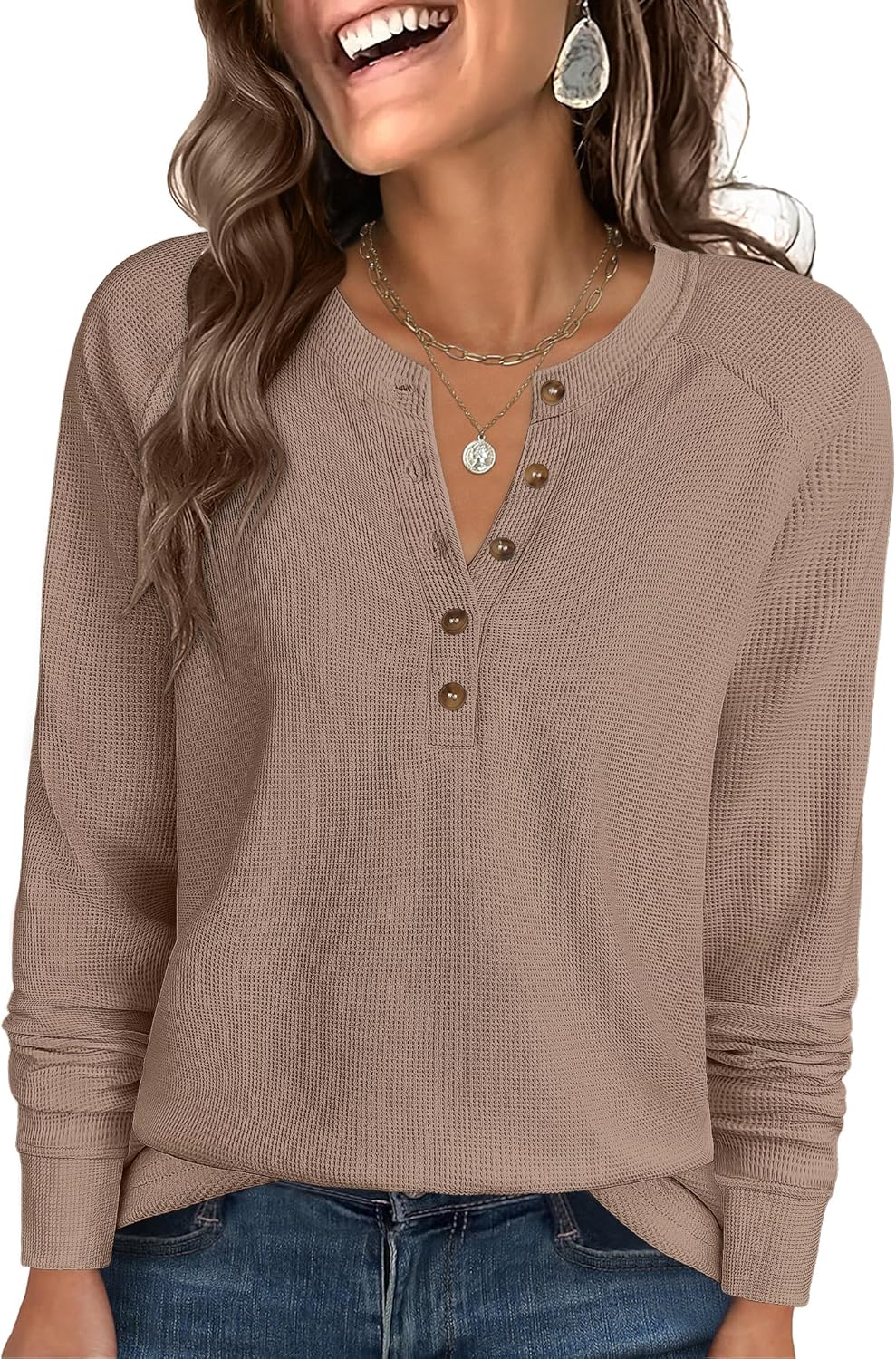 ANRABESS Women's Long Sleeve Waffle Knit Shirts Dressy Casual Loose Button Up V Neck Henley Tops 2026 Fall Basic Tee Blouse