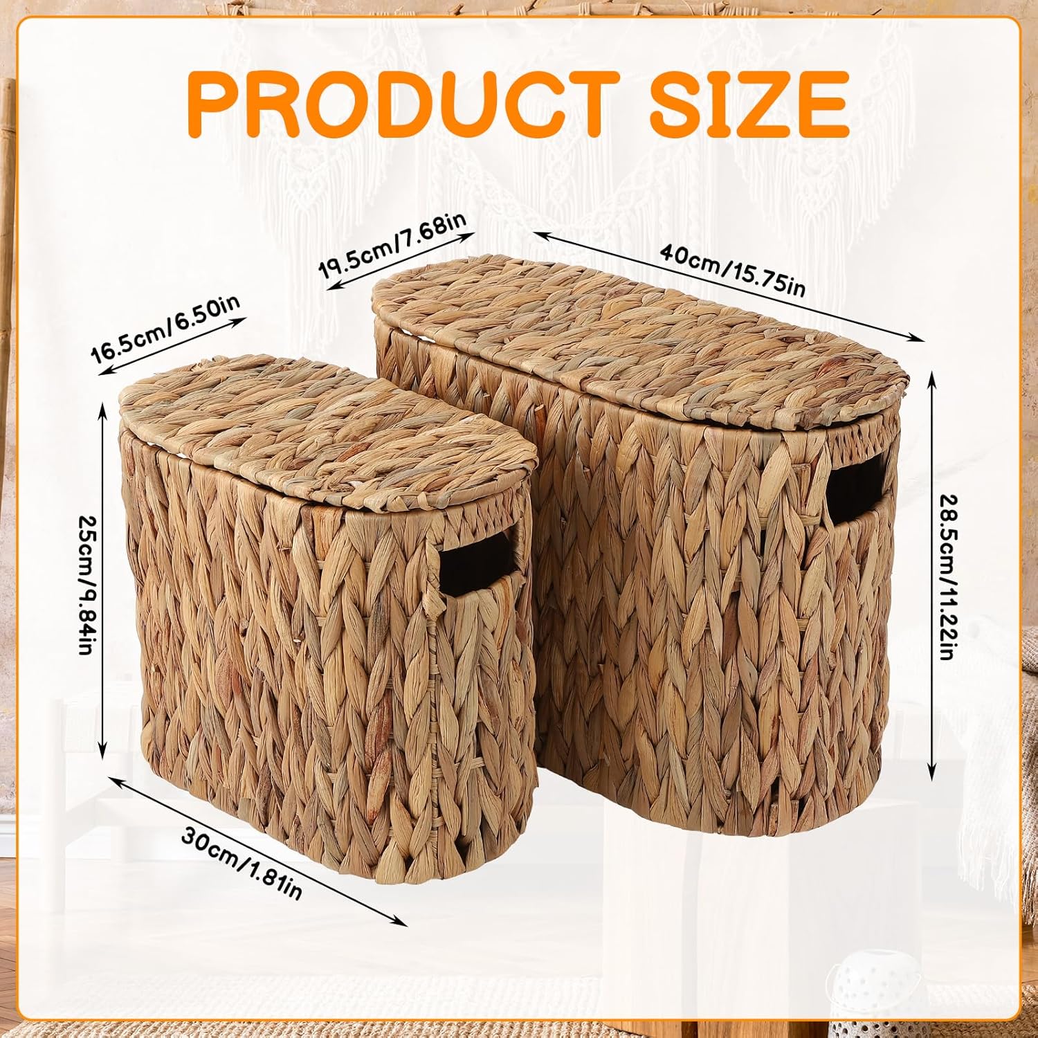 2 Pcs Toilet Paper Storage Baskets with Lids and Built-in Handles Water Hyacinth Toilet Paper Baskets for Bathroom Home Accessories Organizer