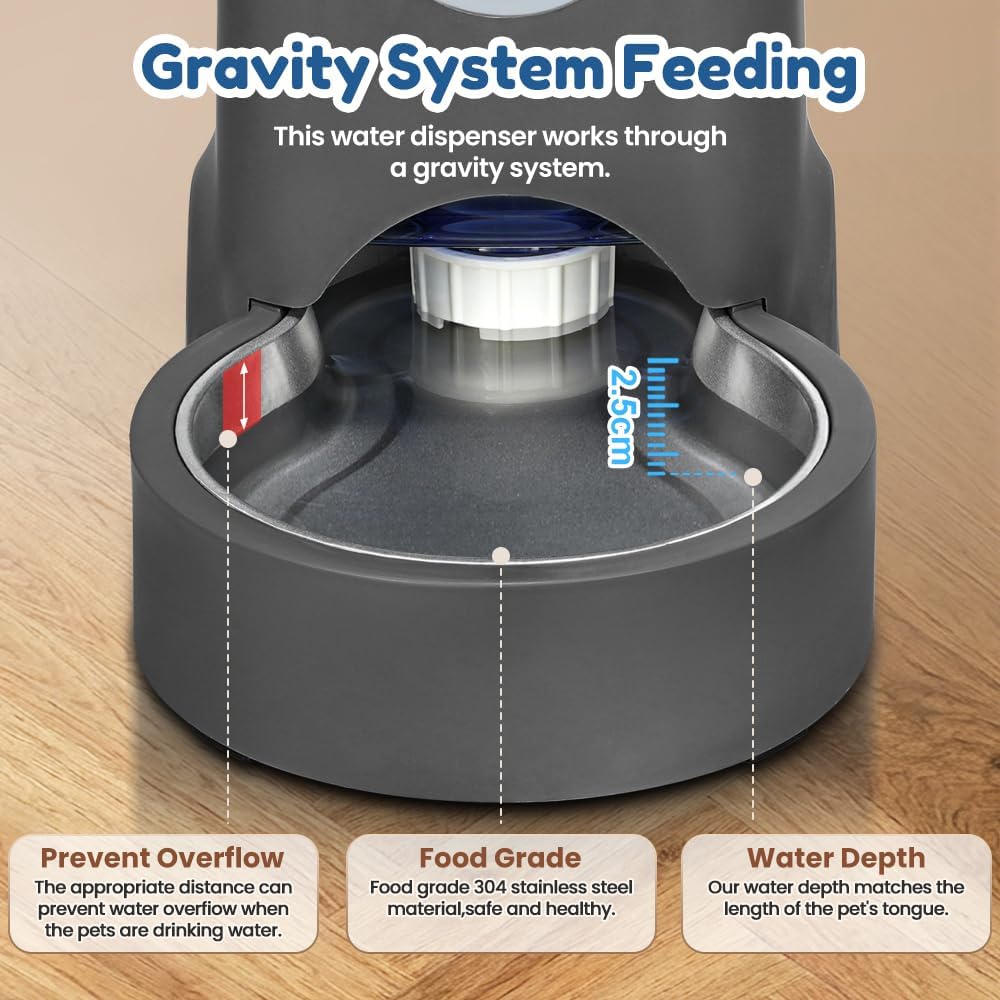 1 Gallon Automatic Cat Feeder Gravity Stainless Steel Water Dispenser Dog Feeder for Small Medium Puppy Kitten Pets Water Feeding Bowls, Gray