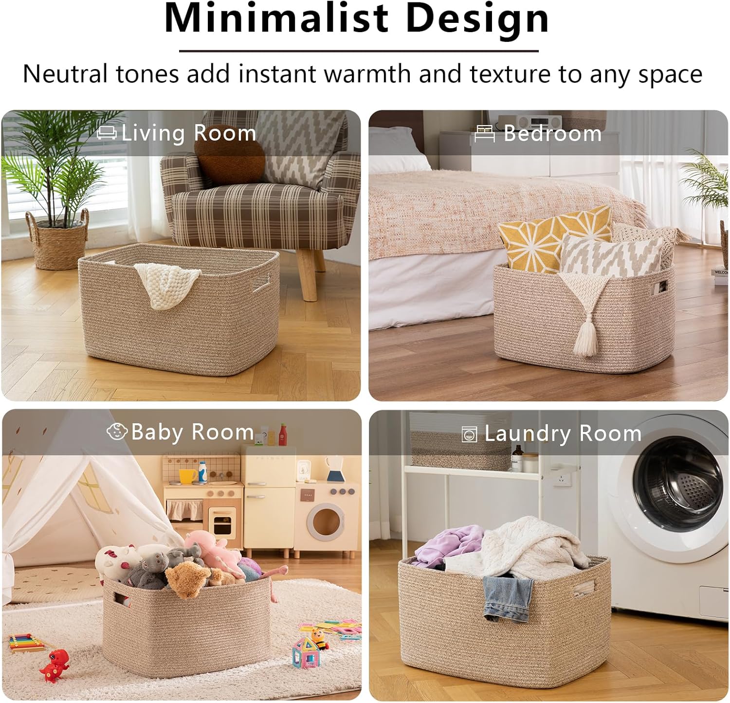 OIAHOMY 75L Large Woven Cotton Rope Storage Basket with Handle for Organizing Blanket and Toys for Living Room, Nursery, Brown Variegated 22”x17”x12”