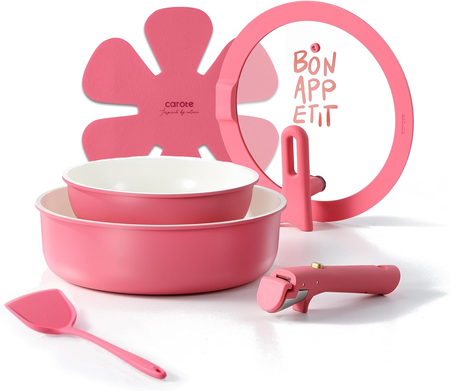 CAROTE 18Pcs Ceramic Cookware Set with Detachable Handle, Pots and Pans Set Non Stick, Non Toxic Kitchen Cooking Sets with Stand-Up Lid, PFAS and PFOA Free, Oven Safe, Induction Ready, Pink