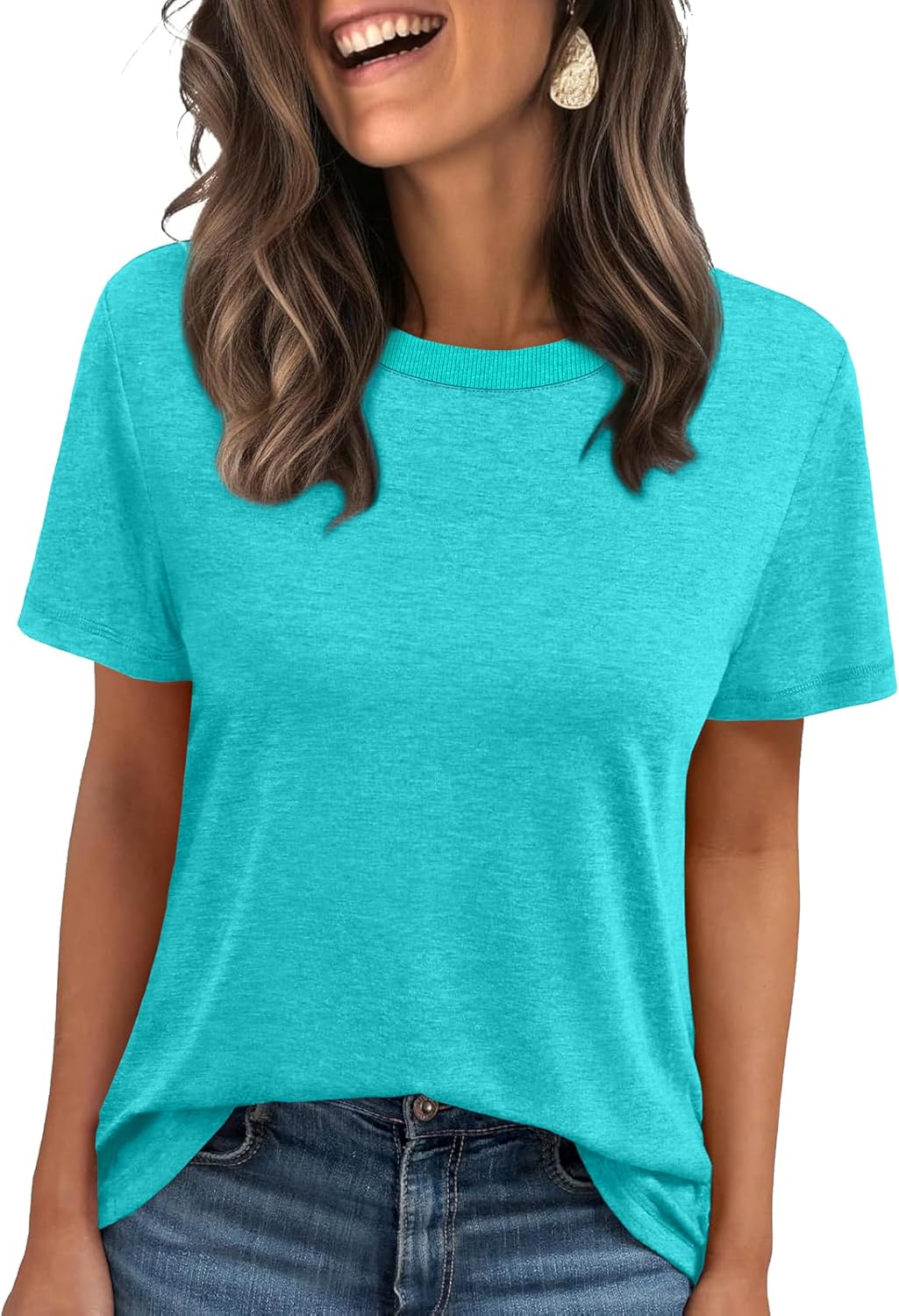 Jescakoo Womens Tops Summer Short Sleeve Ribbed Trim Crewneck T Shirts Fashion Basic Tee