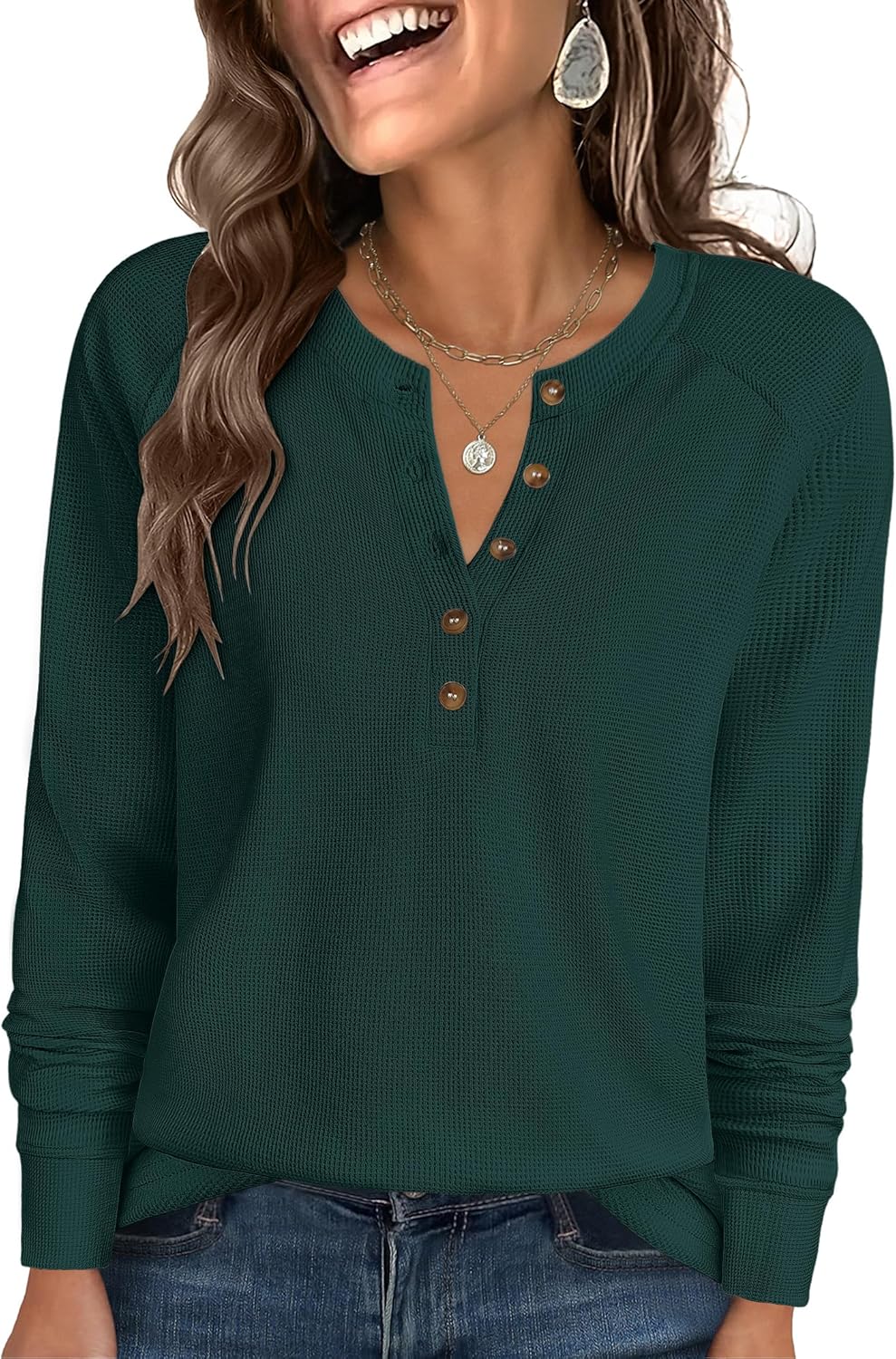 ANRABESS Women's Long Sleeve Waffle Knit Shirts Dressy Casual Loose Button Up V Neck Henley Tops 2026 Fall Basic Tee Blouse