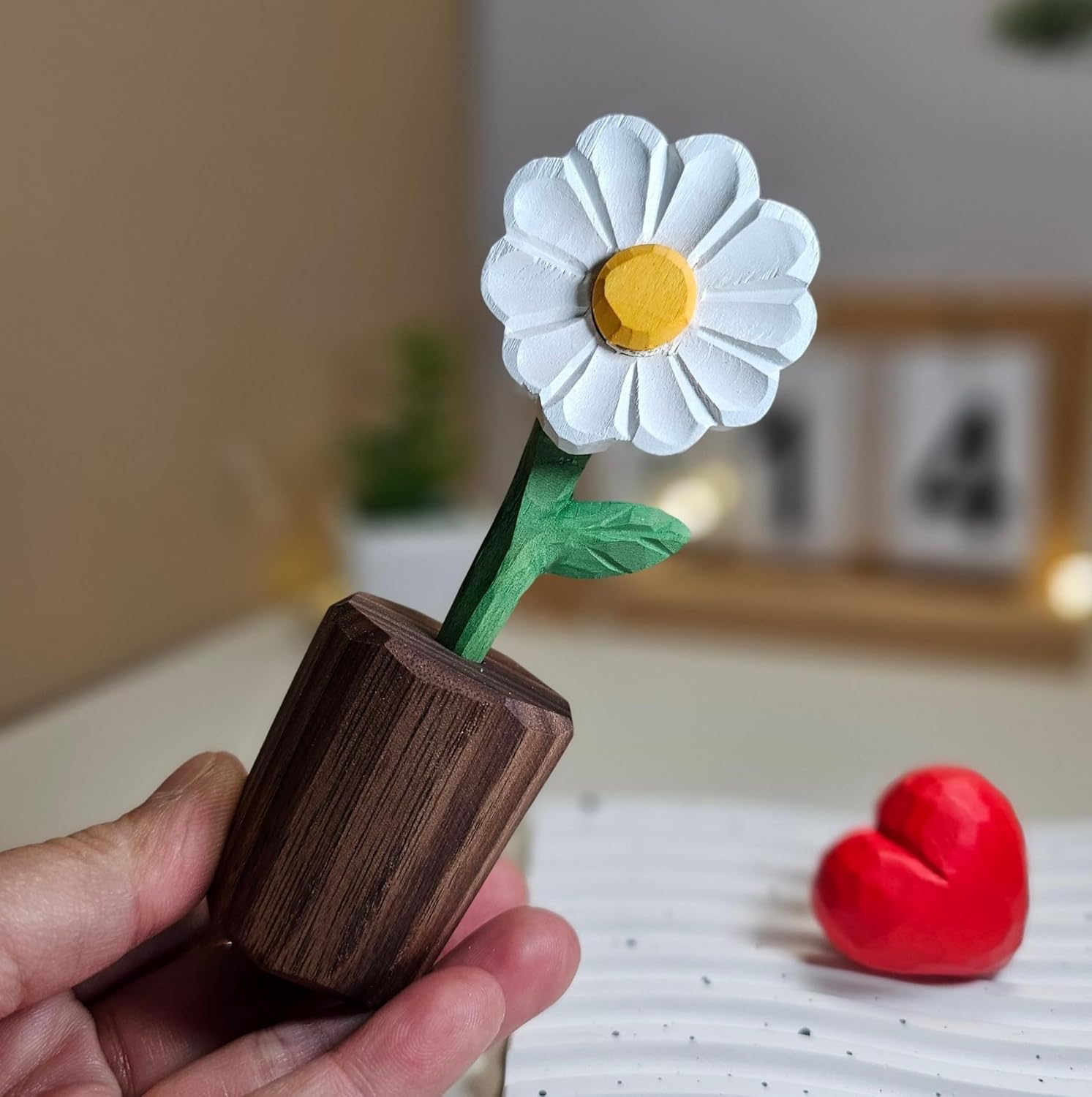 Hand-Carved Wooden Flower with Red Heart - Handcrafted Everlasting Wood Sculpture - 5th Anniversary, Valentine's Day, Birthday Gift for Her - Gift Box Included (White Daisy)