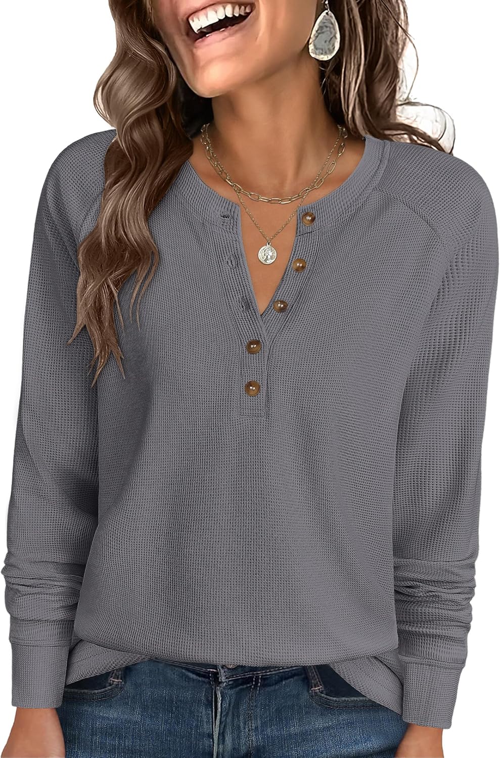 ANRABESS Women's Long Sleeve Waffle Knit Shirts Dressy Casual Loose Button Up V Neck Henley Tops 2026 Fall Basic Tee Blouse
