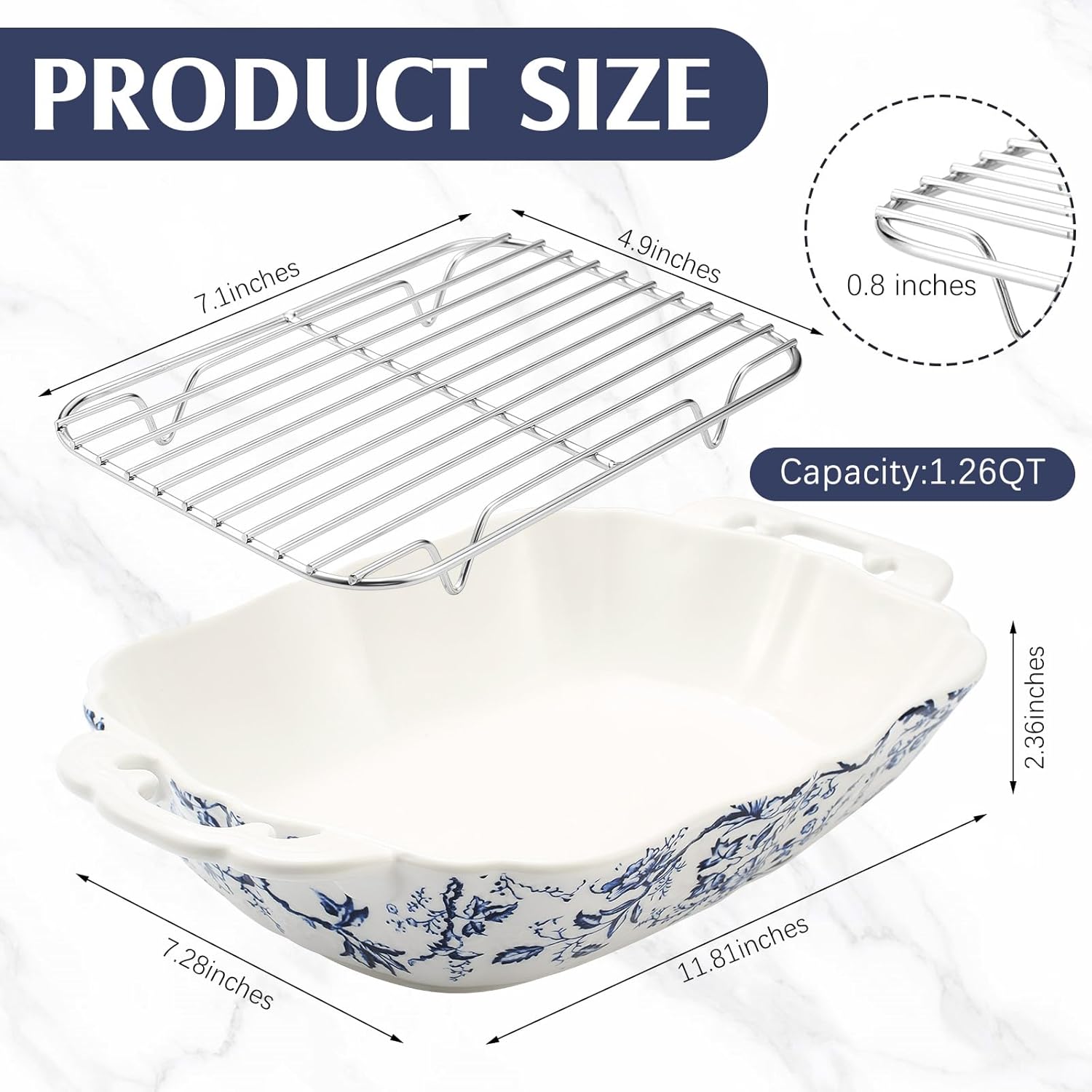 Vintage Casserole Dish 7.3 x 11.8, Ceramic Baking Dish with Oil Drip Rack, 1.26 Qt Blue and White Roasting Pan with Double Handles, Oven Safe and Durable for Baking, Lasagna, Wedding Gift