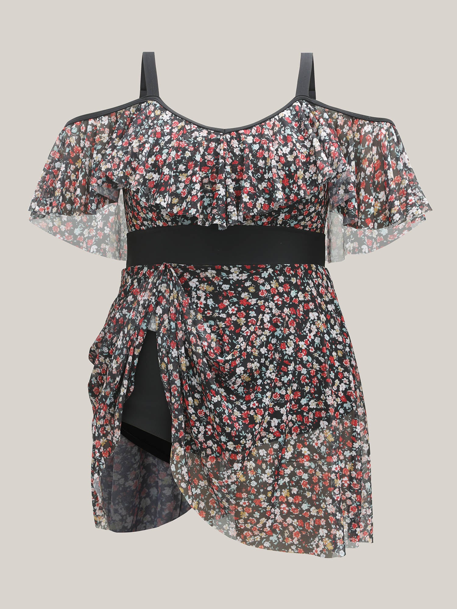 Floral Print Mesh Cold-Shoulder Swim Dress