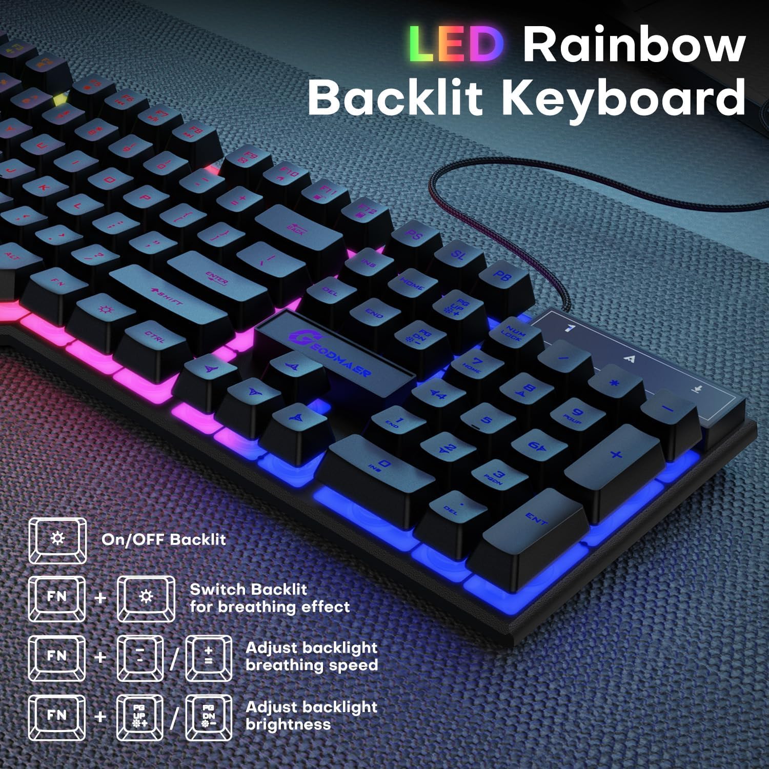104 Keys Gaming Keyboard, Full Size LED Backlit Wired Keyboard with Multimedia Keys, Anti-Ghosting, Spill-Resistant Membrane Gaming Keyboard for PC Laptop