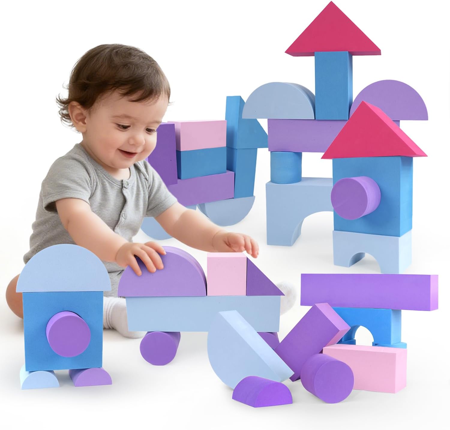 Large Building Foam Blocks for Toddlers, EVA Stacking Foam Building Blocks Toy Set, Non-Toxic, Washable, Early Learning Construction Toys & Gifts for Kids Boys & Girls (Blue, Pieces, 30)