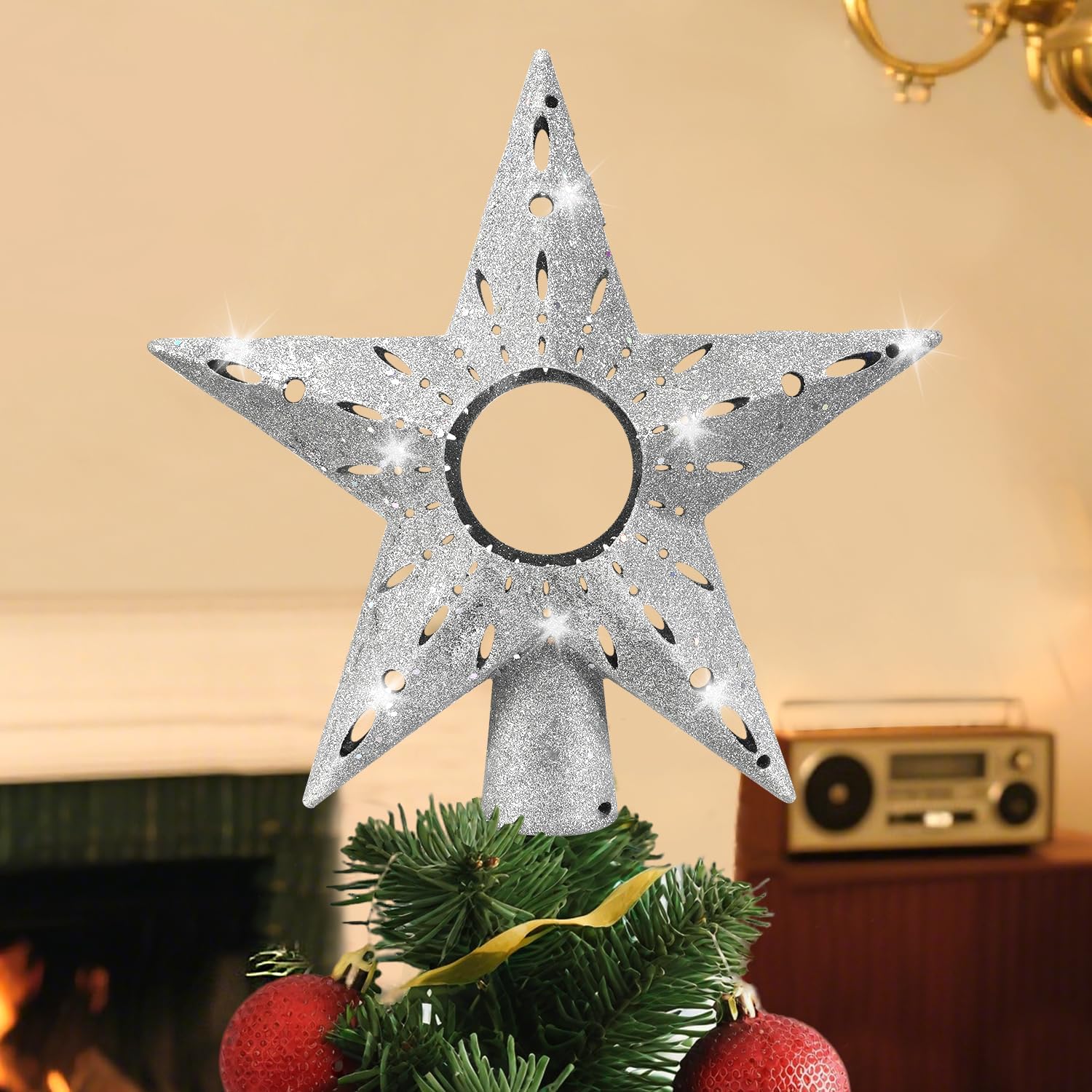IPOW LED Snowflake Projector Star Christmas Tree Topper, 11.3'' Golden Glittered Star Treetop Lighted Rotating Snow Flake for Christmas Tree Decoration, Ideal as LED Night Light Projector for Children