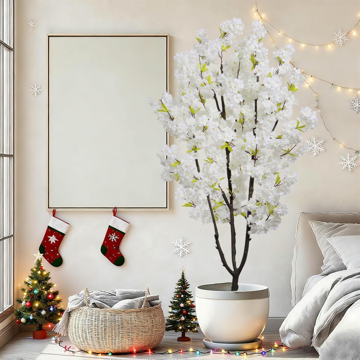 Artificial Cherry Blossom Tree 6ft Tall Indoor Faux White Flower Tree,Fake Cherry Blossom Tree for Home Office Party Wedding Decor