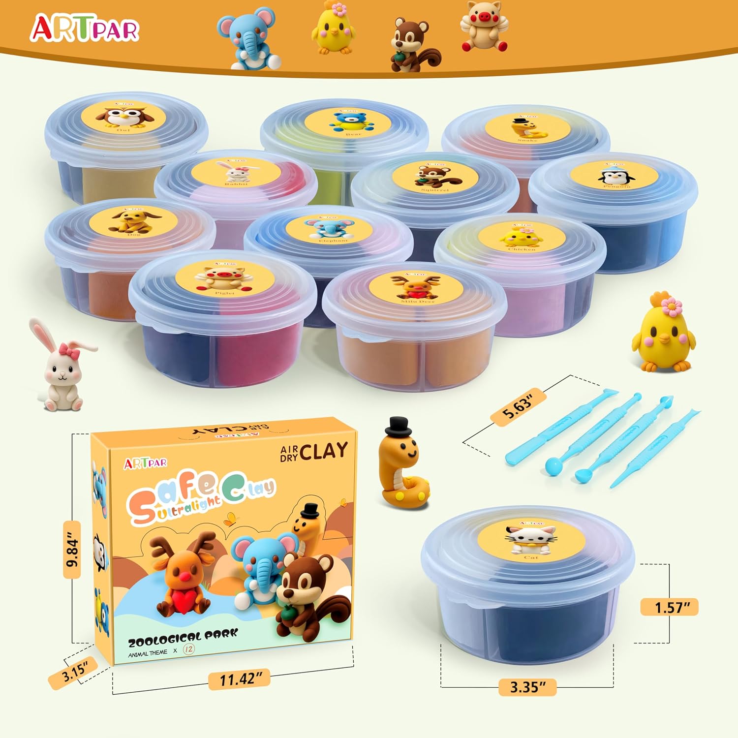 Air Dry Clay Kits for Kids-Modeling Magic Clay,12 Animals DIY Molding Clay Art Crafts Set,Ultra Light & Soft, Safe & Non-Stick with Sculpting Tools & Tutorials, Unique Gifts for Boys & Girls