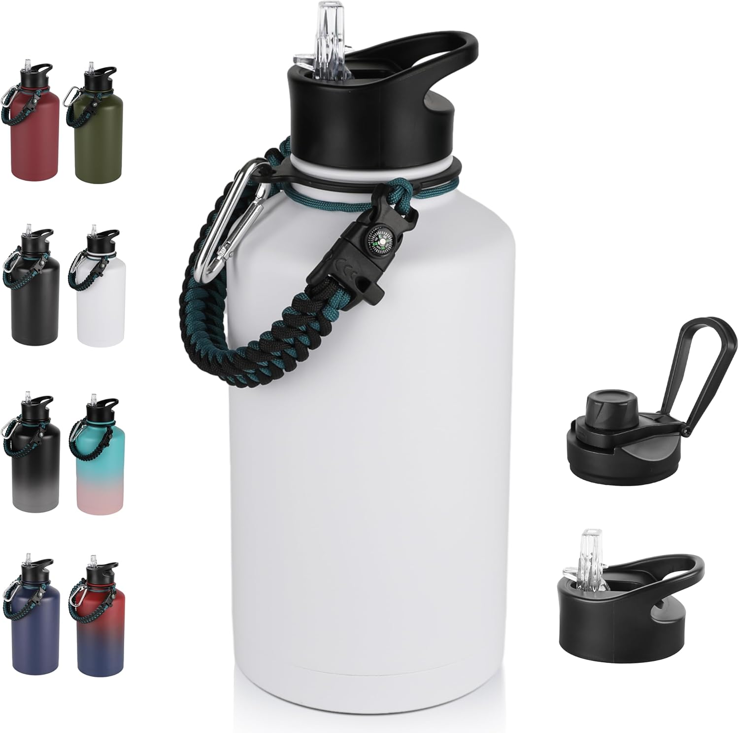 40 oz Insulated Water Bottle with Straw, Stainless Steel Sports Water Bottles with 2 Lids (Straw and Wide Mouth lid), Double Wall Vacuum, Leakproof, BPA-Free, Black