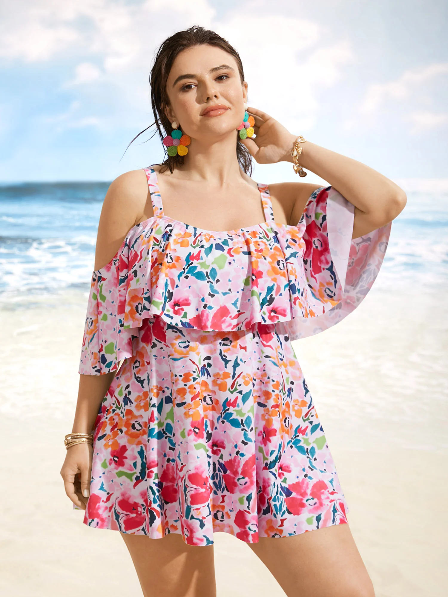 Tropical Adjustable Straps Cold Shoulder Ruffles Trim Swim Dress