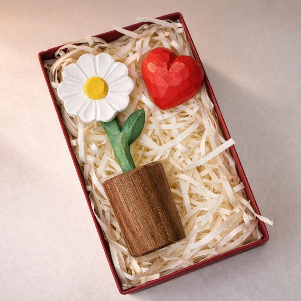 Hand-Carved Wooden Flower with Red Heart - Handcrafted Everlasting Wood Sculpture - 5th Anniversary, Valentine's Day, Birthday Gift for Her - Gift Box Included (White Daisy)