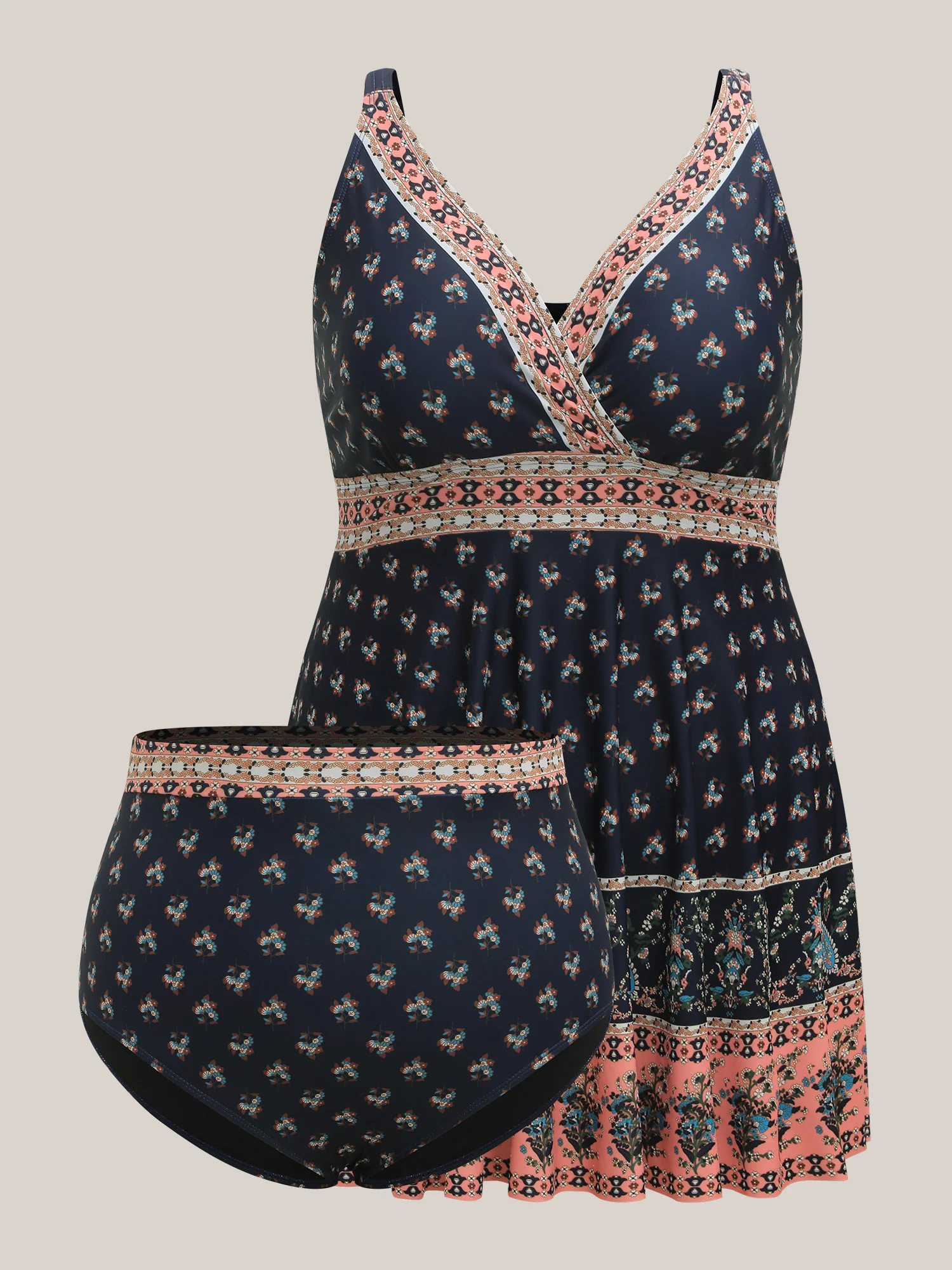 Boho Print Surplice Neck Contrast Swim Dress