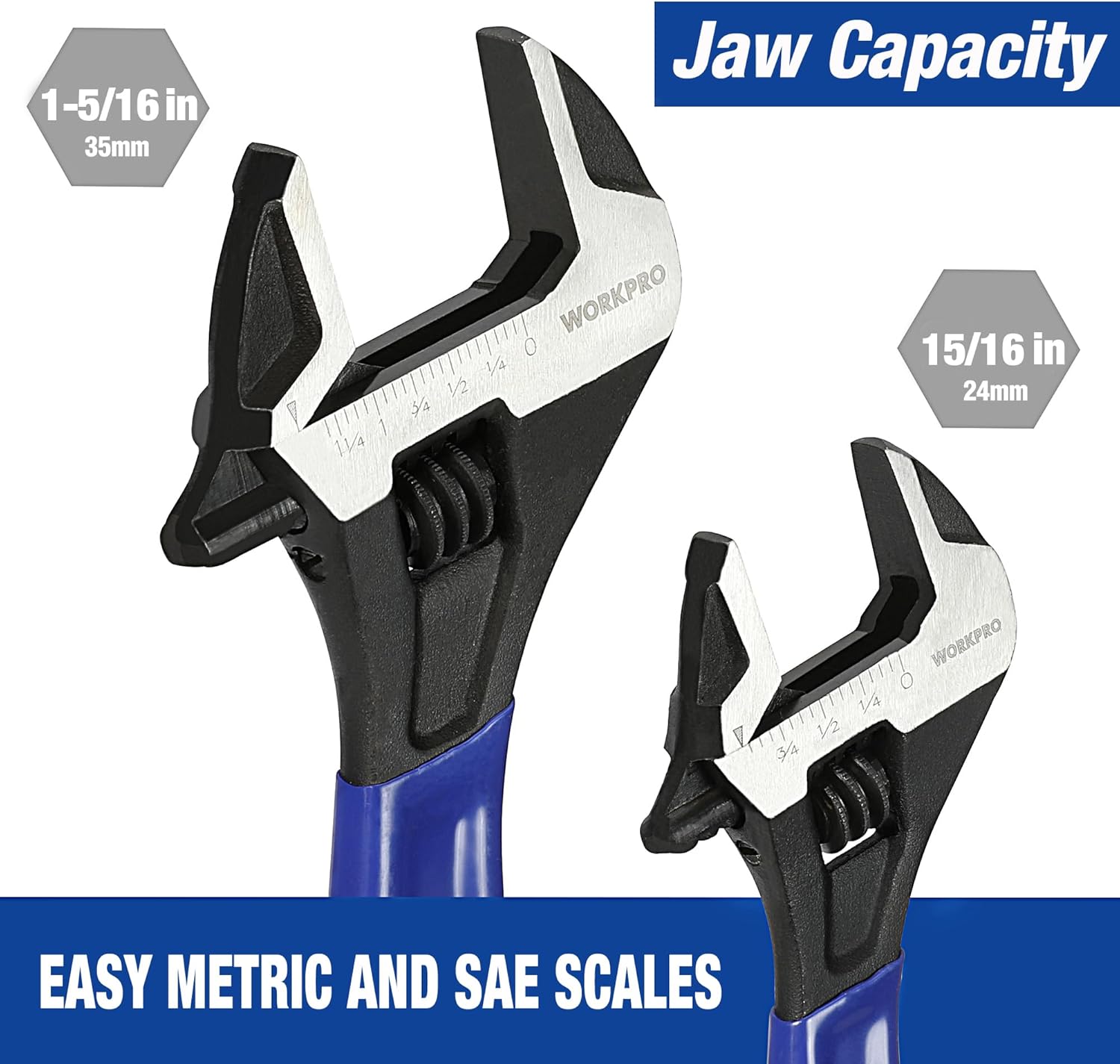 WORKPRO 2-Piece Adjustable Wrench Set, 6-Inch & 10-Inch Wide Jaw Black Oxide Wrench, Cr-V Steel, Metric & SAE Scales, Max Jaw Opening 15/16