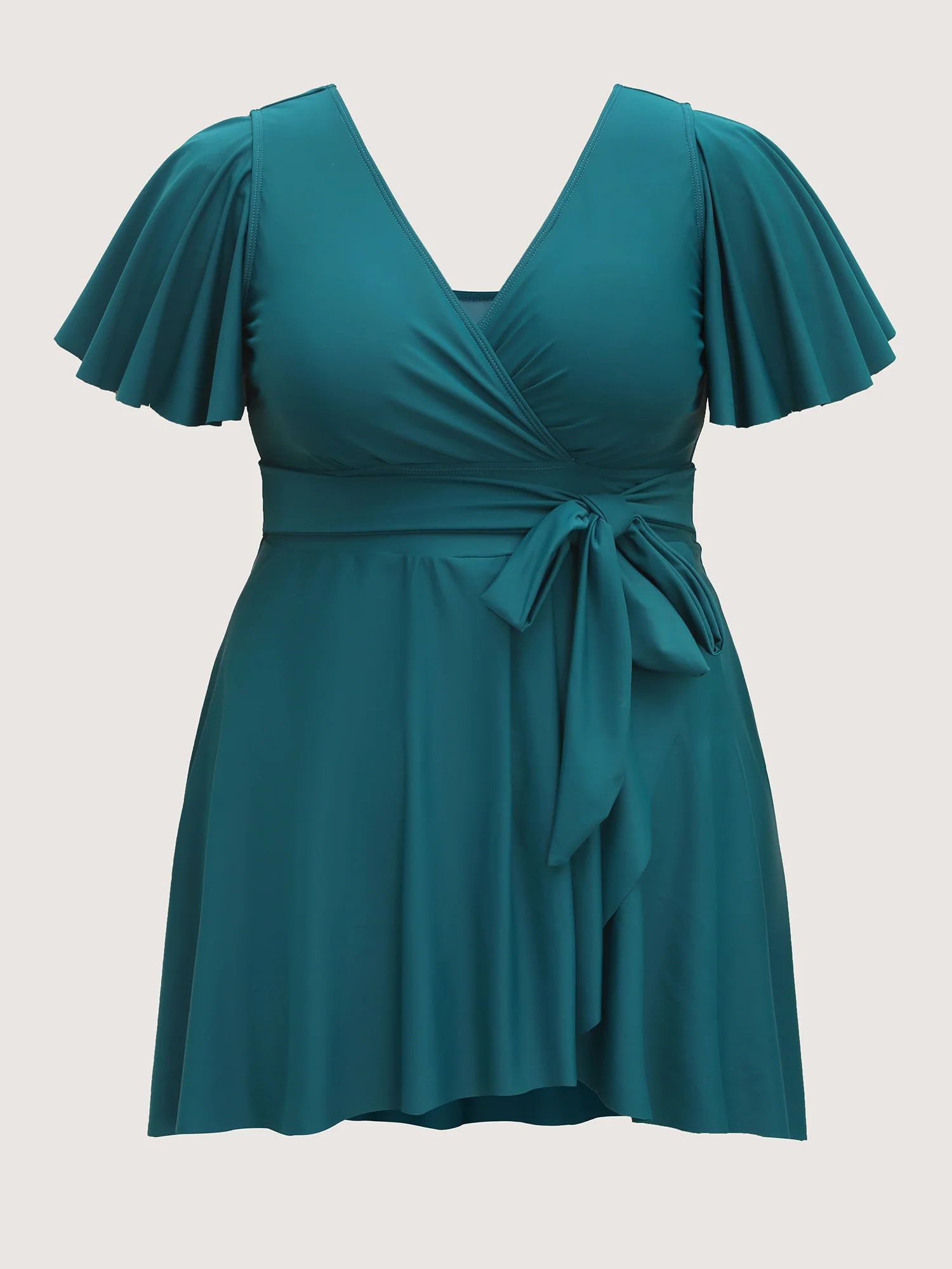 Belted Lotus Leaf Sleeve Swim Dress