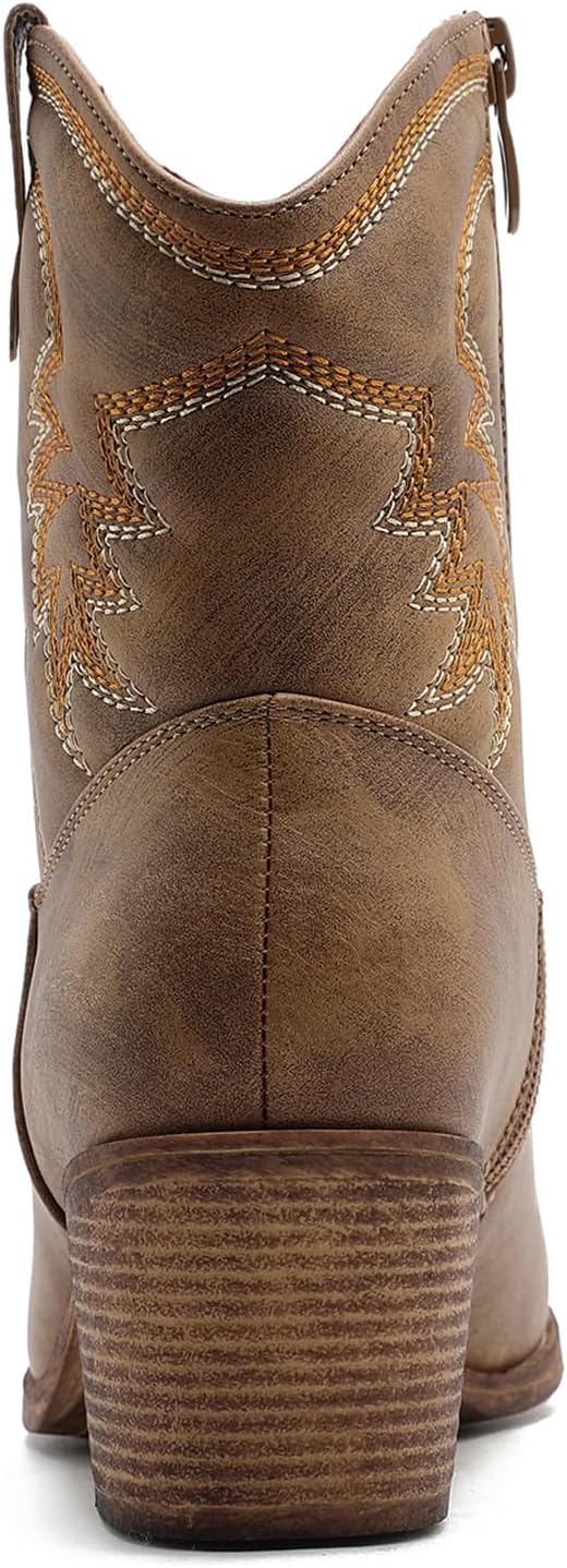 GLOBALWIN Women’s Cowgirl Boots Ankle Brown Cowboy Boots With Embroidered Stitching Low Heel Comfortable Western Boots For Country Outfits