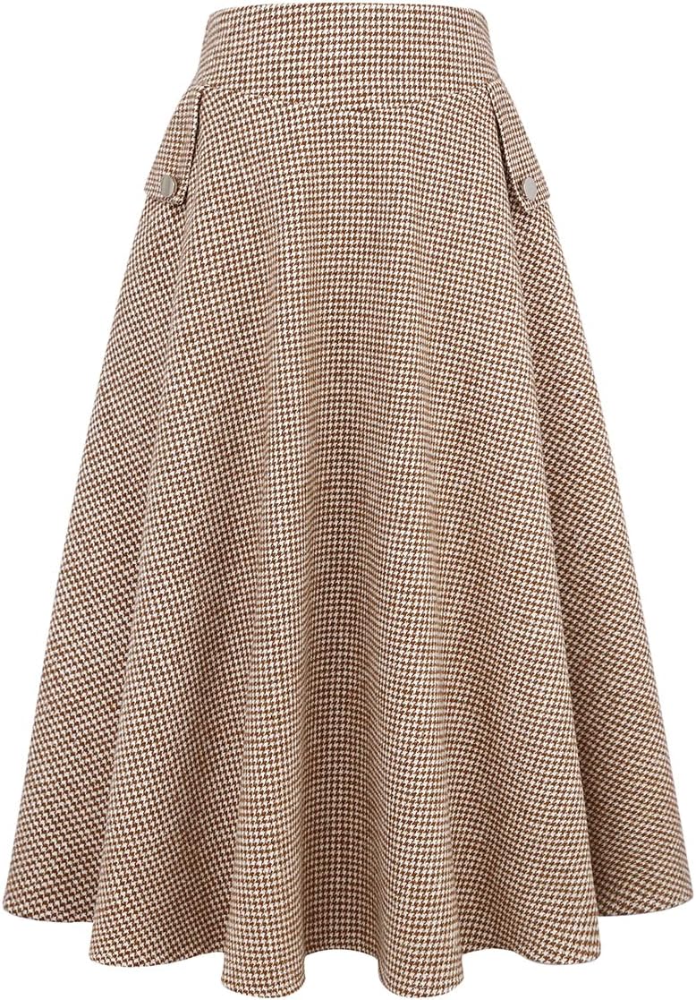 IDEALSANXUN Women’s Fall Winter High Waisted Wool Plaid A-line Long Skirt