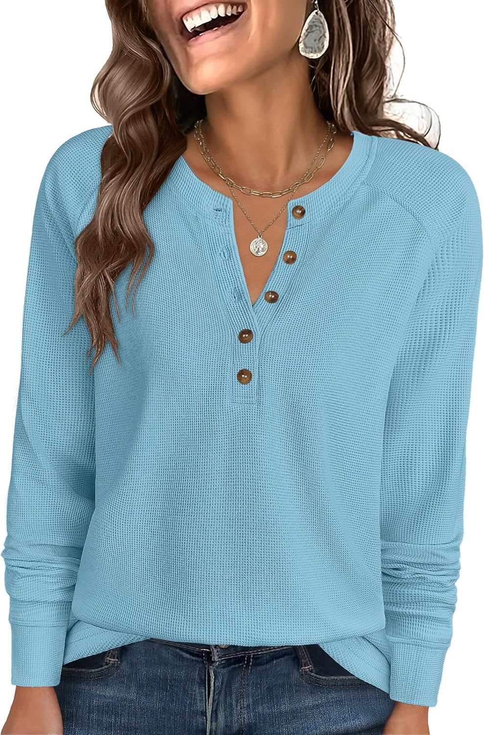 ANRABESS Women's Long Sleeve Waffle Knit Shirts Dressy Casual Loose Button Up V Neck Henley Tops 2026 Fall Basic Tee Blouse