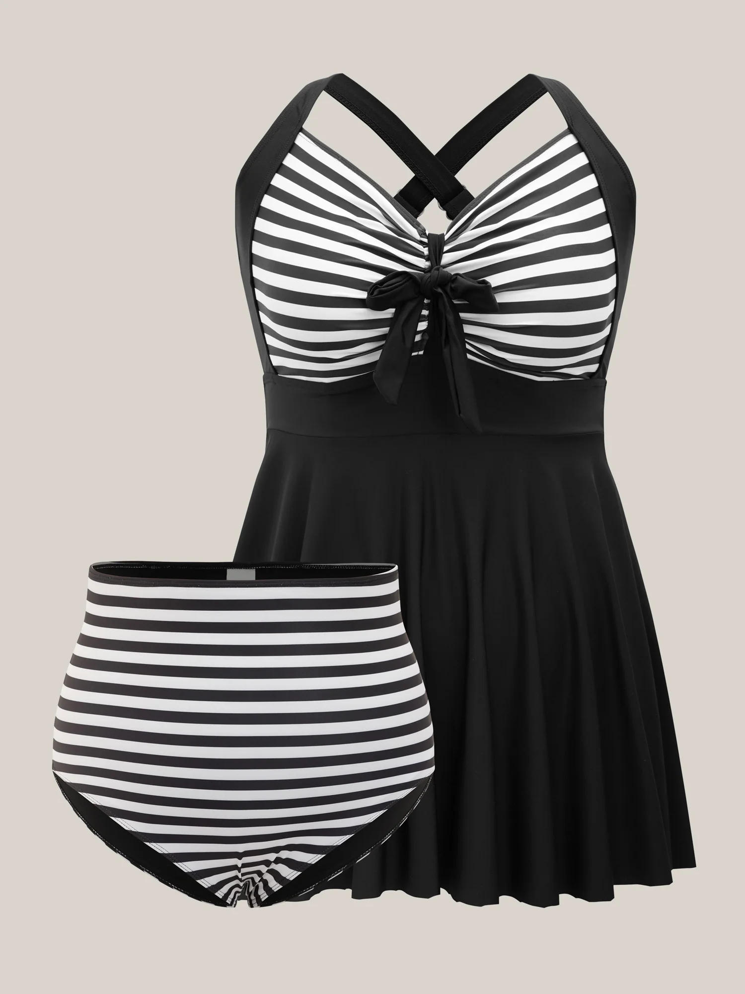 Stripes Patchwork Tie Knot Cross Straps Swim Dress