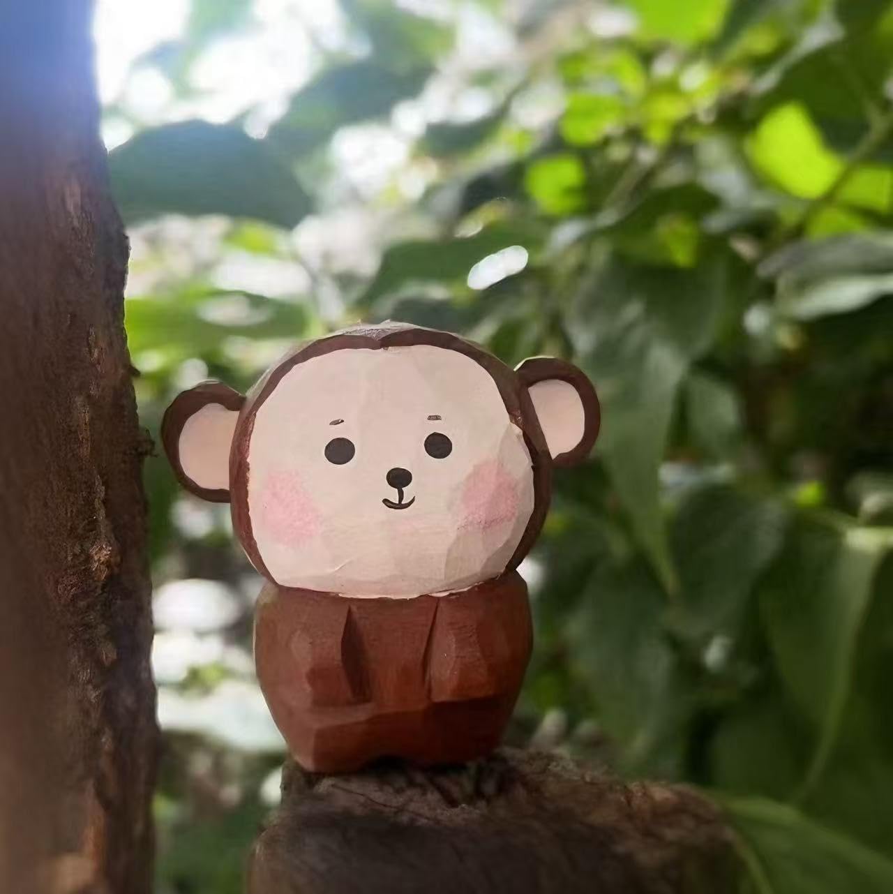 Small Wooden Monkey Figurines Craft, 1.6’’H Hand-Carved Painted Monkey Figurine with Base, Cute Desktop Decor, Wooden Animal Statue Home Decor, Gift for Animal Lovers