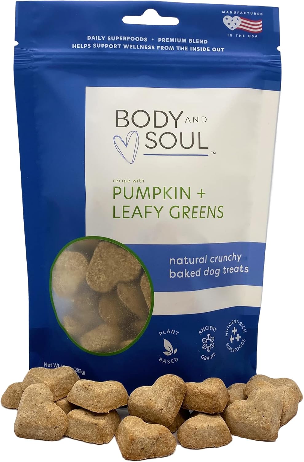 Body and Soul Pumpkin + Leafy Greens Crunchy Dog Treat - Superfood Biscuits Baked with Oats Barley & Quinoa - All-Natural Plant Based Clean Protein, No Additives or Fillers - Made in USA 2 Pack (20oz)