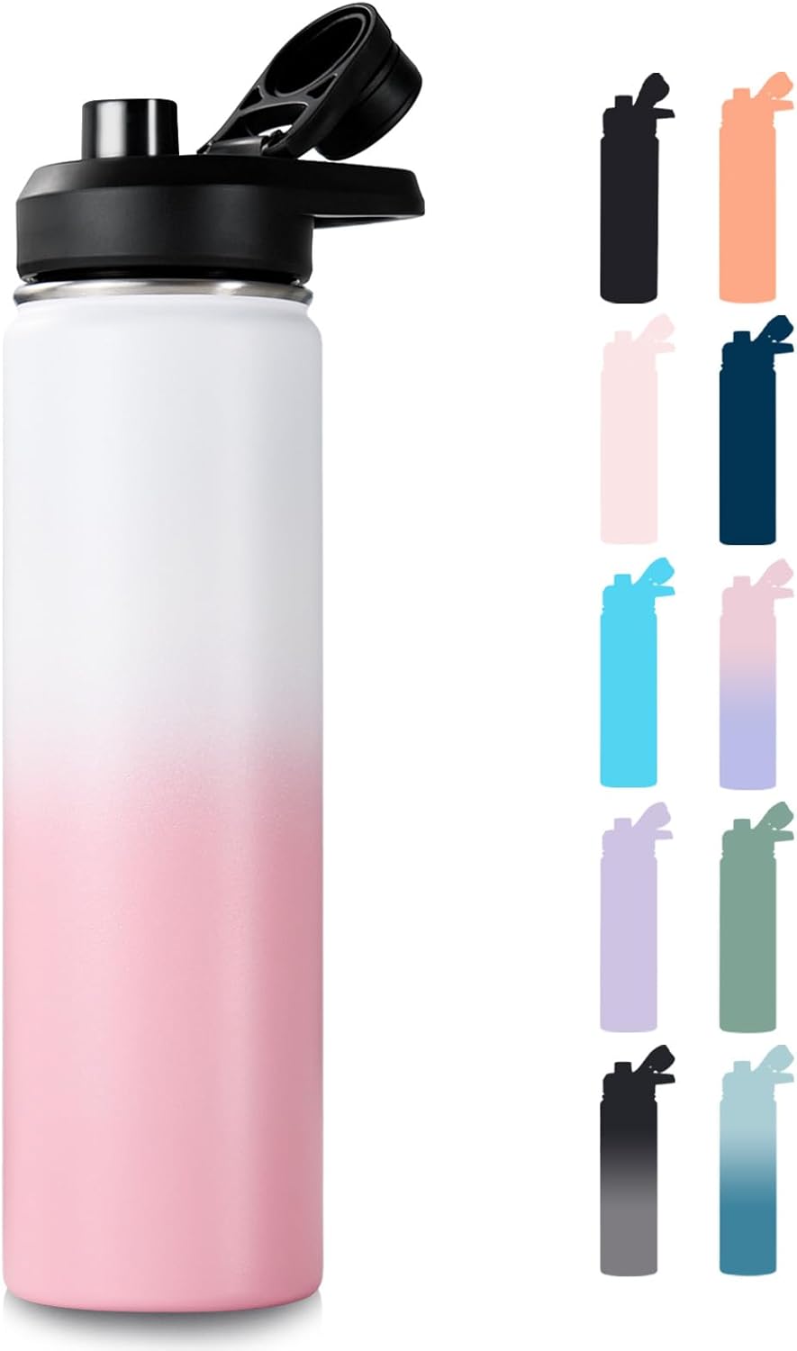 24 oz Insulated Water Bottle with Handle, 304 Stainless Steel Water Bottles with Wide Mouth, Double Wall Vacuum Sports Water Bottle, BPA Free, Keep Cold and Hot, Blue&Black