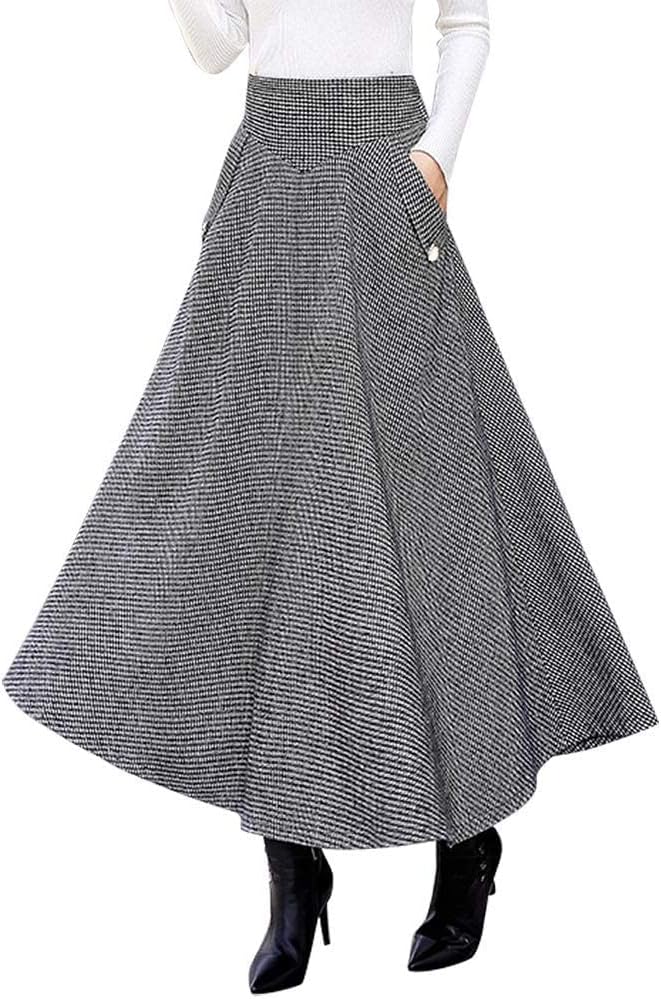 IDEALSANXUN Women’s Fall Winter High Waisted Wool Plaid A-line Long Skirt