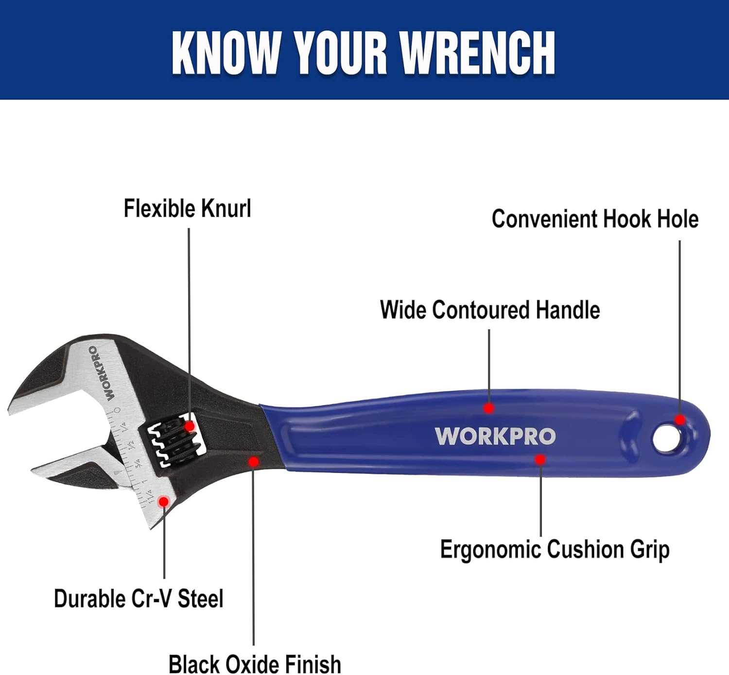 WORKPRO 2-Piece Adjustable Wrench Set, 6-Inch & 10-Inch Wide Jaw Black Oxide Wrench, Cr-V Steel, Metric & SAE Scales, Max Jaw Opening 15/16