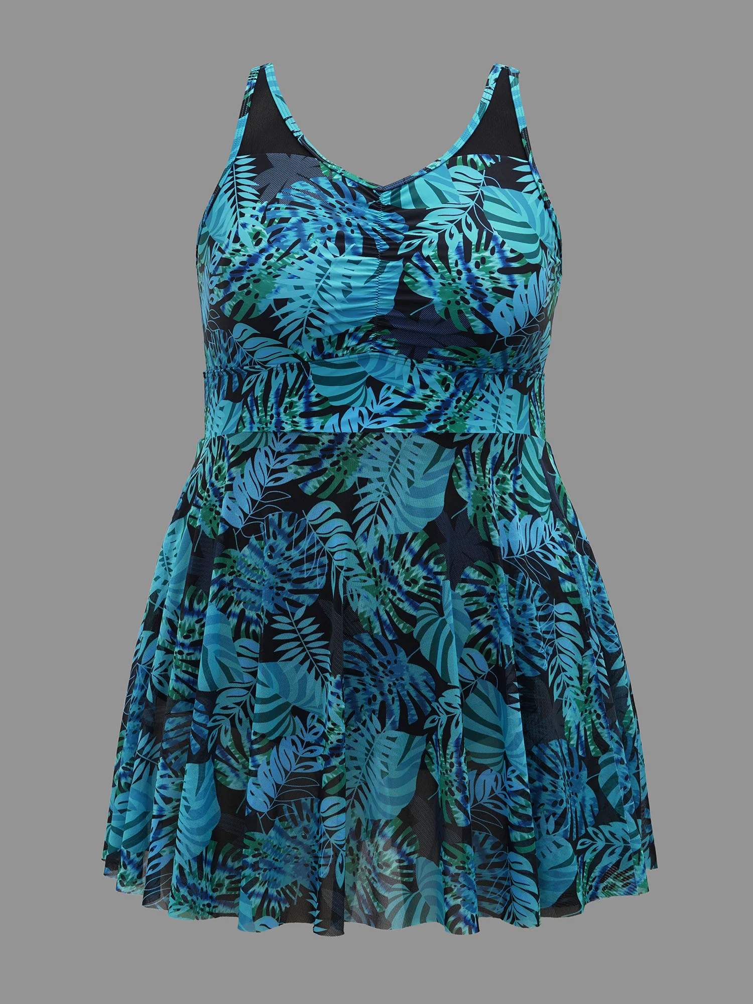 Tropical Print Patchwork Mesh Side Slit Swim Dress