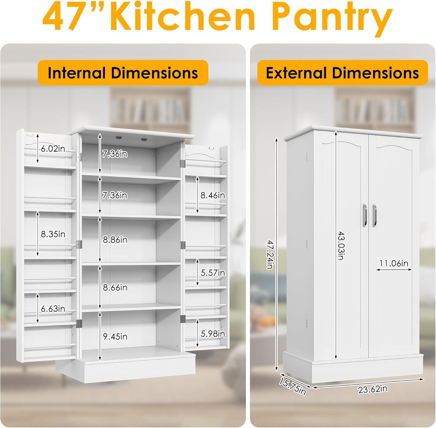 47” Pantry Cabinet, Kitchen Pantry Storage Cabinet with Doors and Adjustable Shelves,Freestanding Buffet Cupboards Sideboard for Living Room and Dinning Room (White)