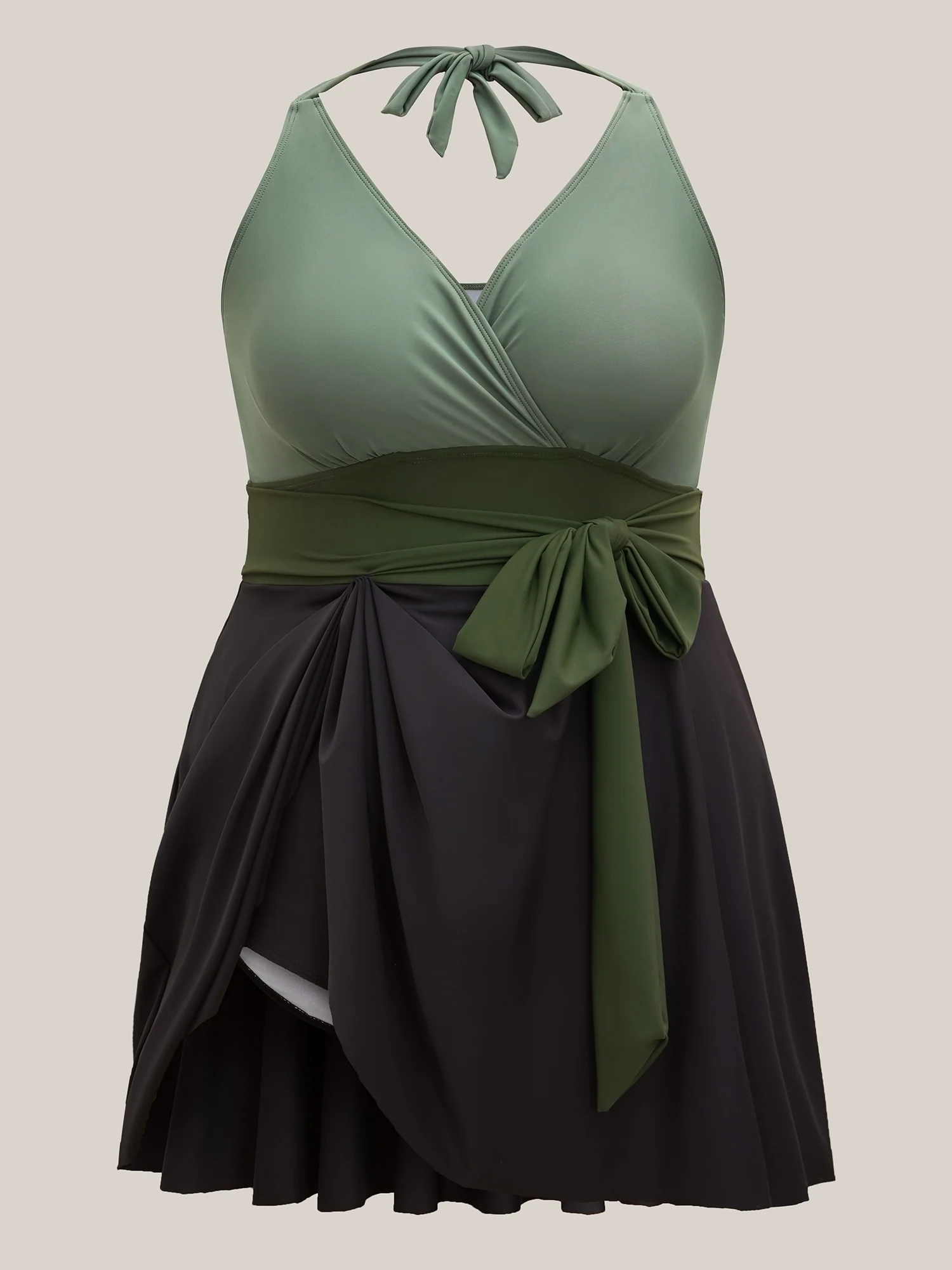 Color-Block Panelled Waist-Tie Swim Dress