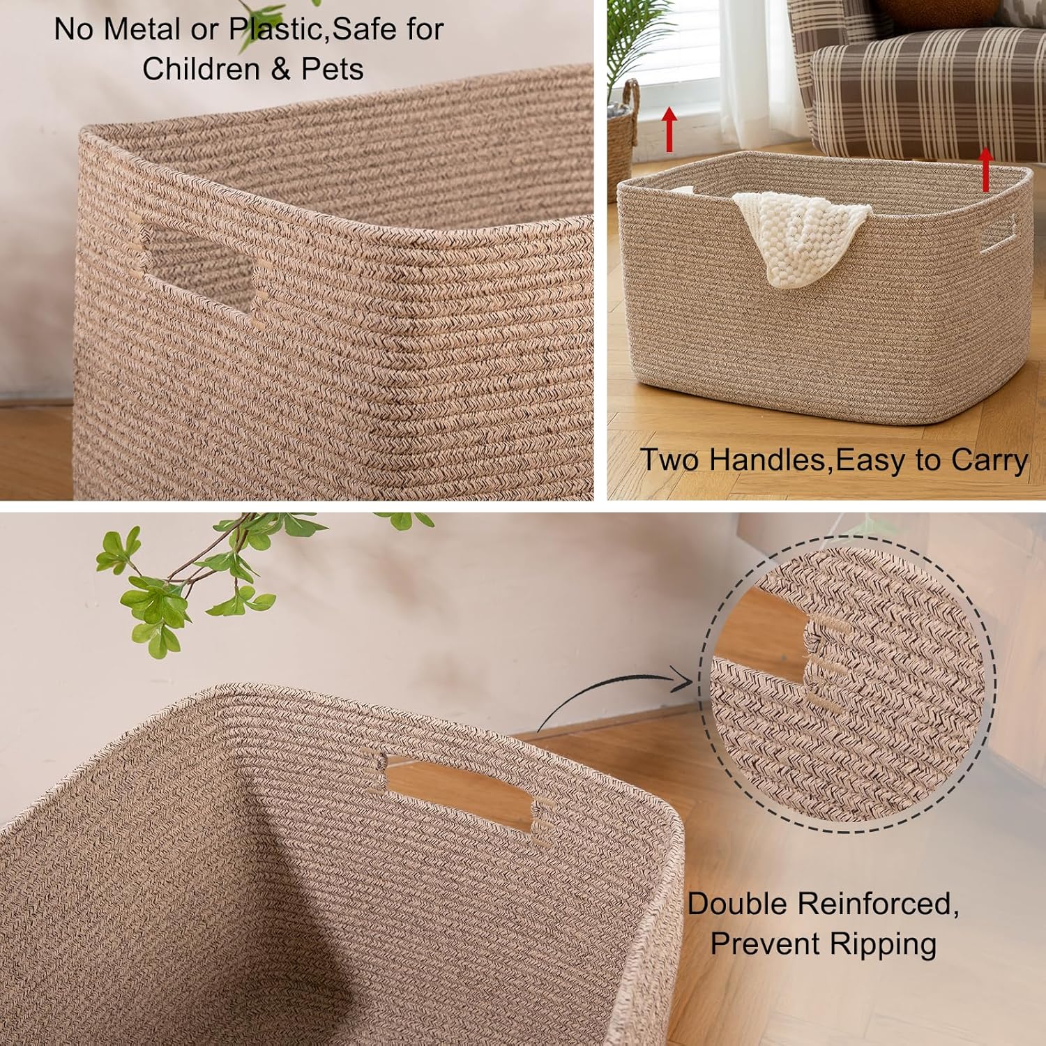 OIAHOMY 75L Large Woven Cotton Rope Storage Basket with Handle for Organizing Blanket and Toys for Living Room, Nursery, Brown Variegated 22”x17”x12”