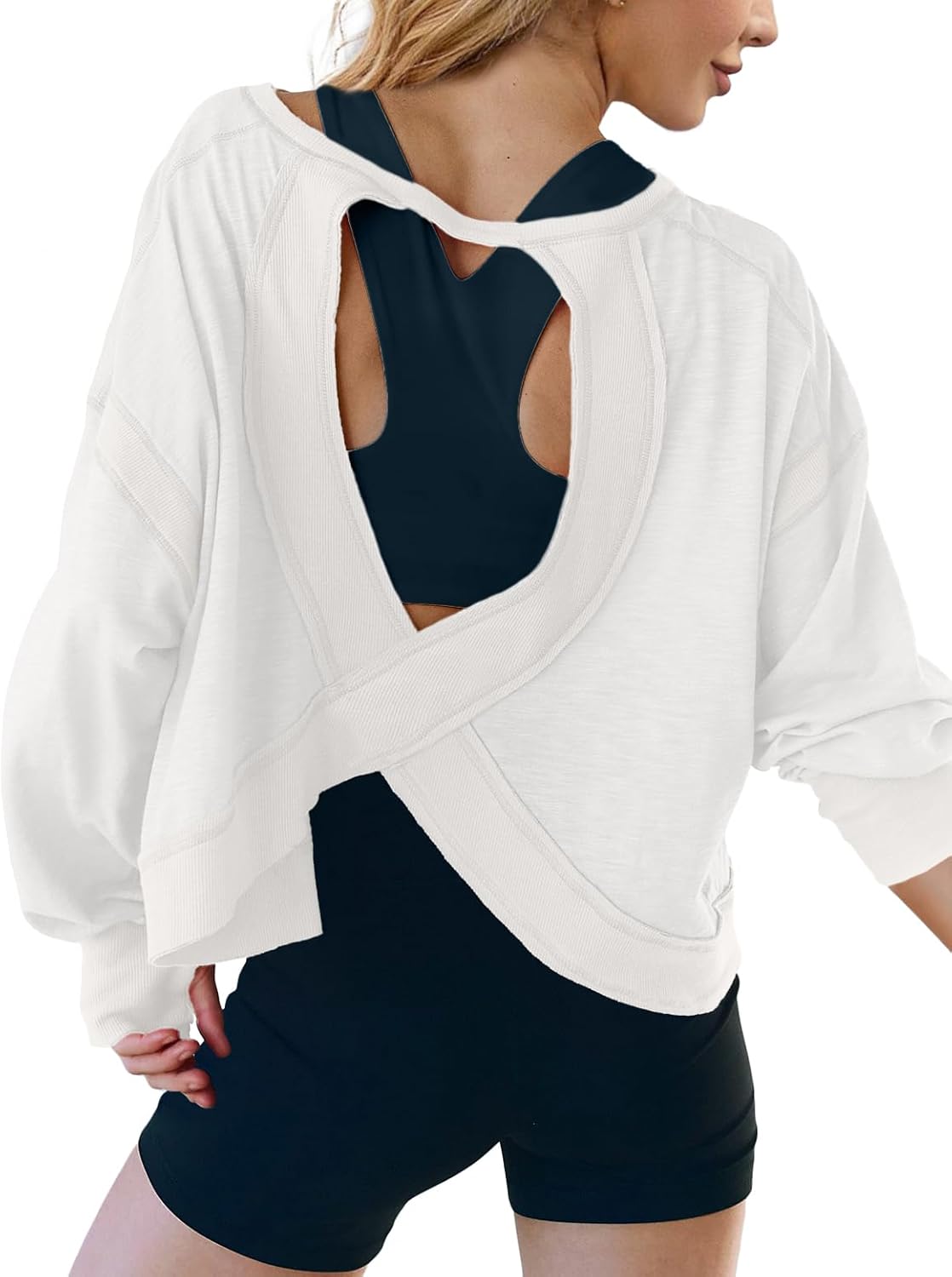 UNIANKIYA Open Back Workout Tops for Women Long Sleeve Cropped Athletic Clothes Gym Running Yoga Low Impact Sports T Shirts