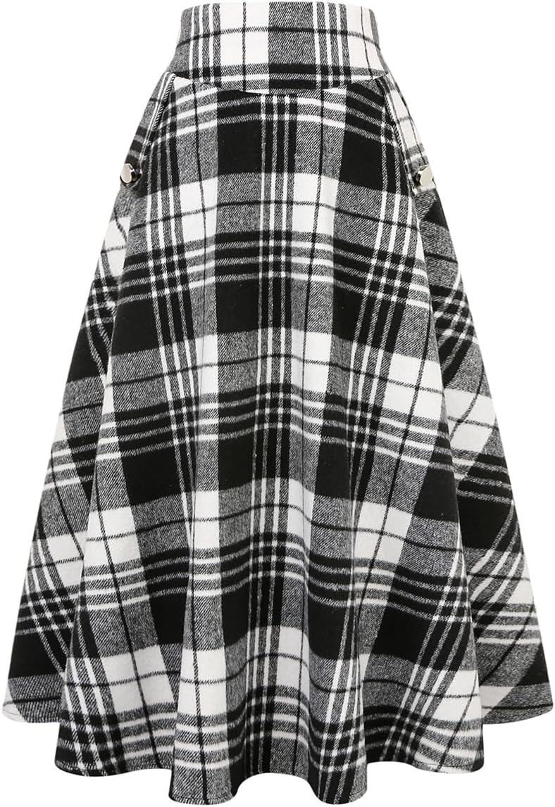 IDEALSANXUN Women’s Fall Winter High Waisted Wool Plaid A-line Long Skirt