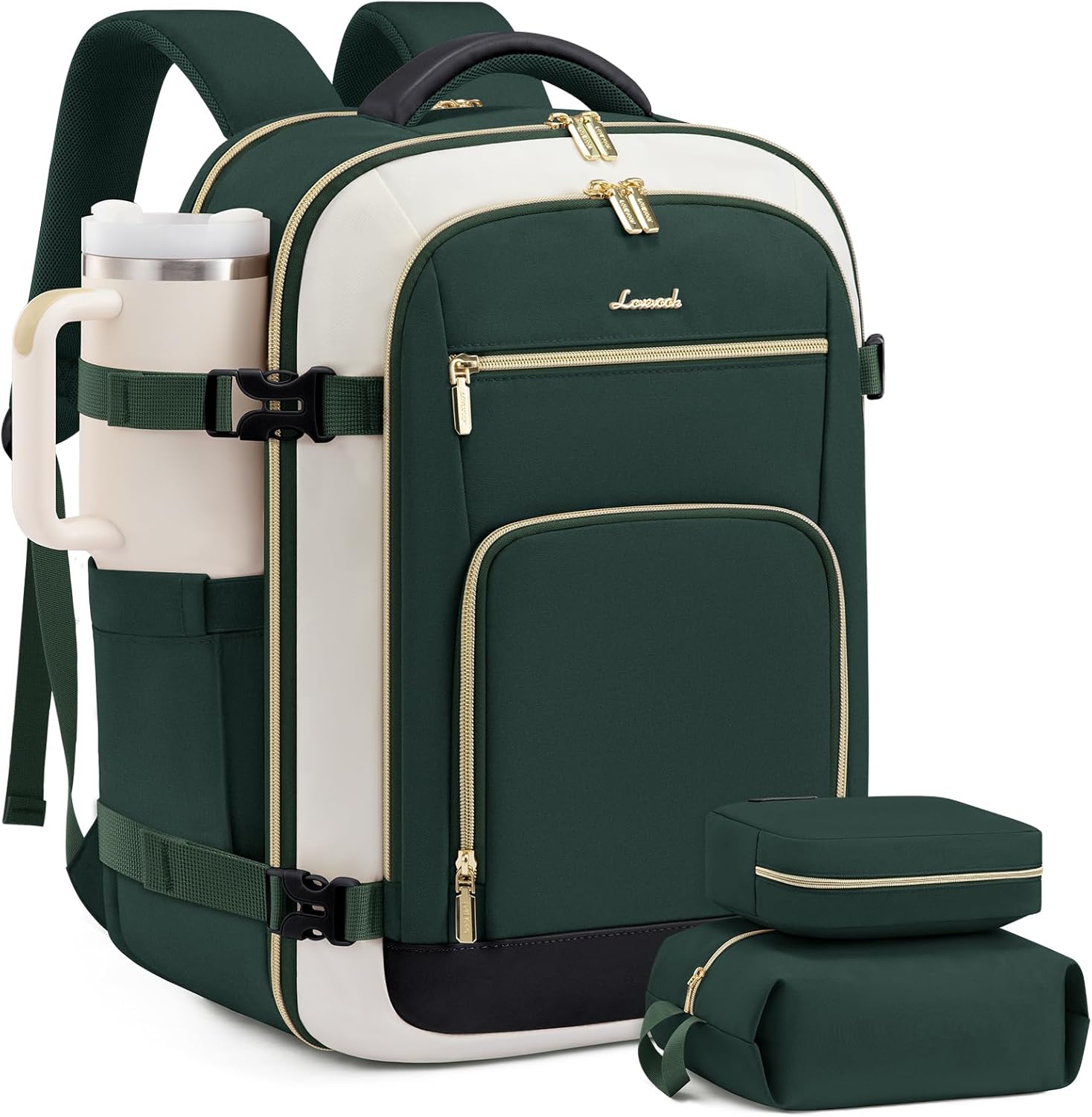 LOVEVOOK Travel Backpack For Women, 40L Carry On Backpack Flight Approved, TSA Personal Item Travel Bag Fits 17 Inch Laptop, Business Weekender Overnight Waterproof Daypack With 2 Cubes, Grey-Pink