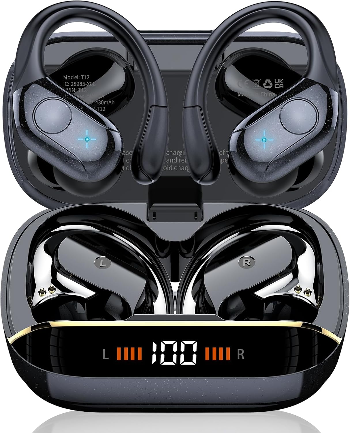 Wireless Earbuds Bluetooth 5.4 Headphones 75H Stereo Deep Bass Sports Over Ear Buds with Earhooks, LED Display Bluetooth Earbuds with 4 ENC Mic, IP7 Waterproof Earphone for Running, Black