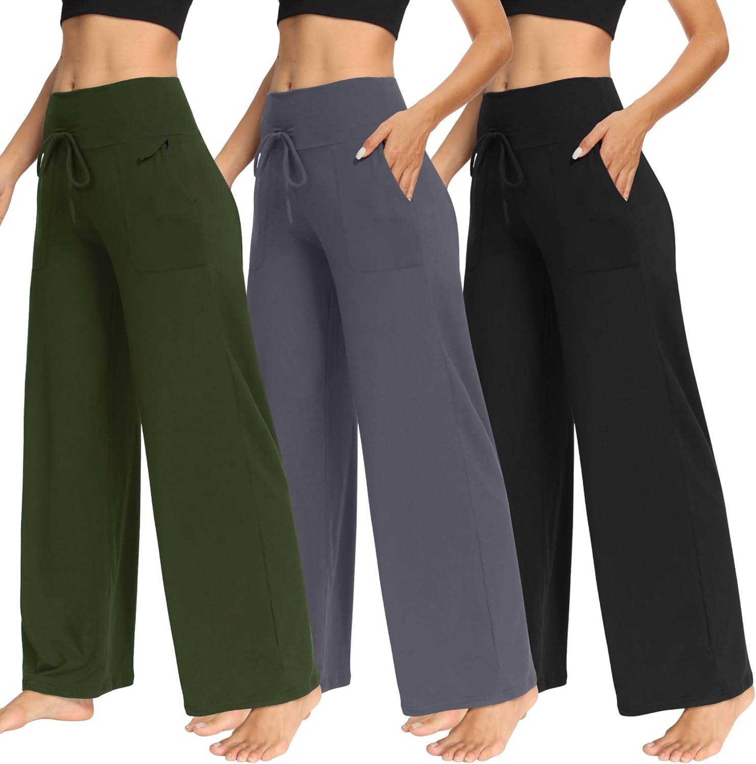 TNNZEET 3 Pack Women's Wide Leg Pants with Pockets - Casual Loose Yoga Trouser Pants Sweatpants Palazzo Lounge Pajama Pants