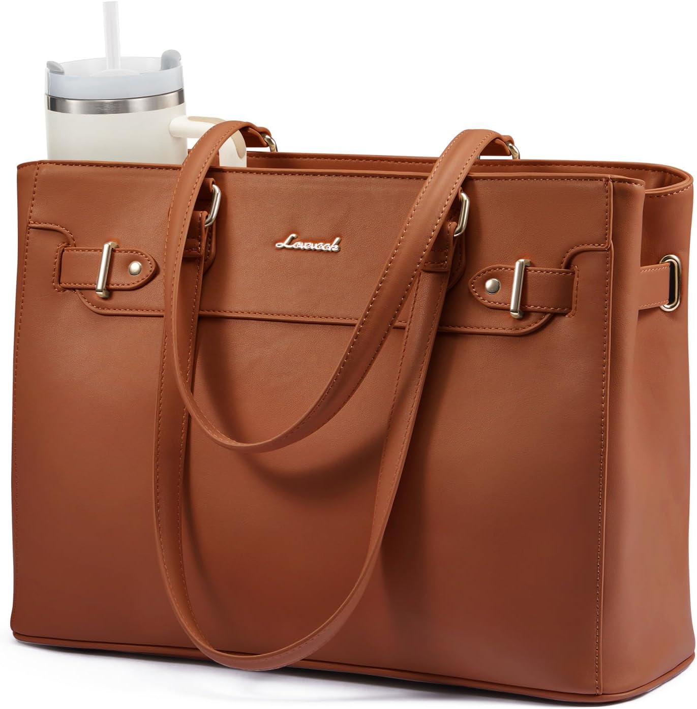LOVEVOOK Laptop Tote Bag for Women Work, Teacher Tote Bag with Large Cup Holder, 15.6 Inch Waterproof Leather Computer Bag